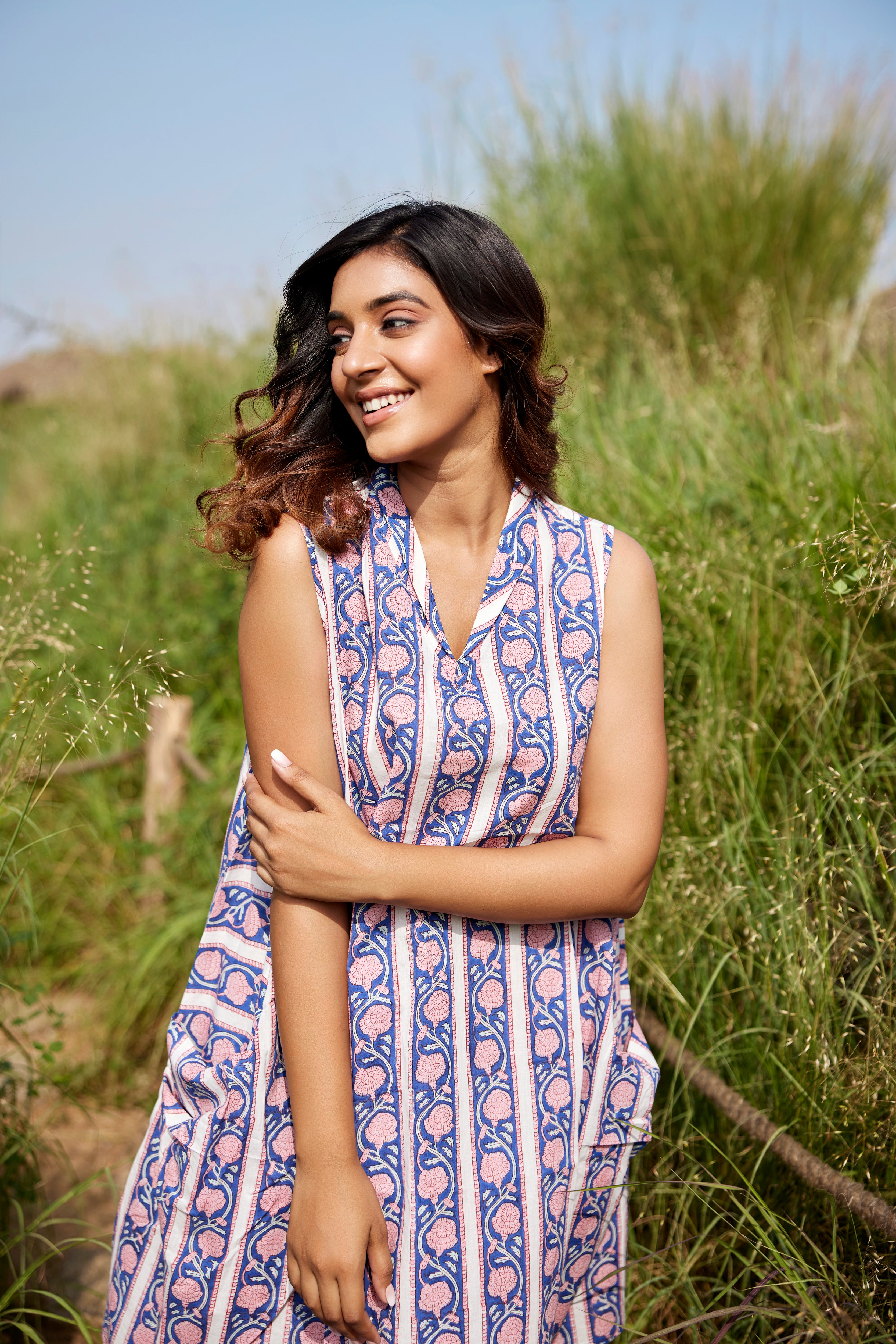 Border Block Print on Blue Cotton Short Dress | Jaipurrang | Hand Block Print Ethnic Wear