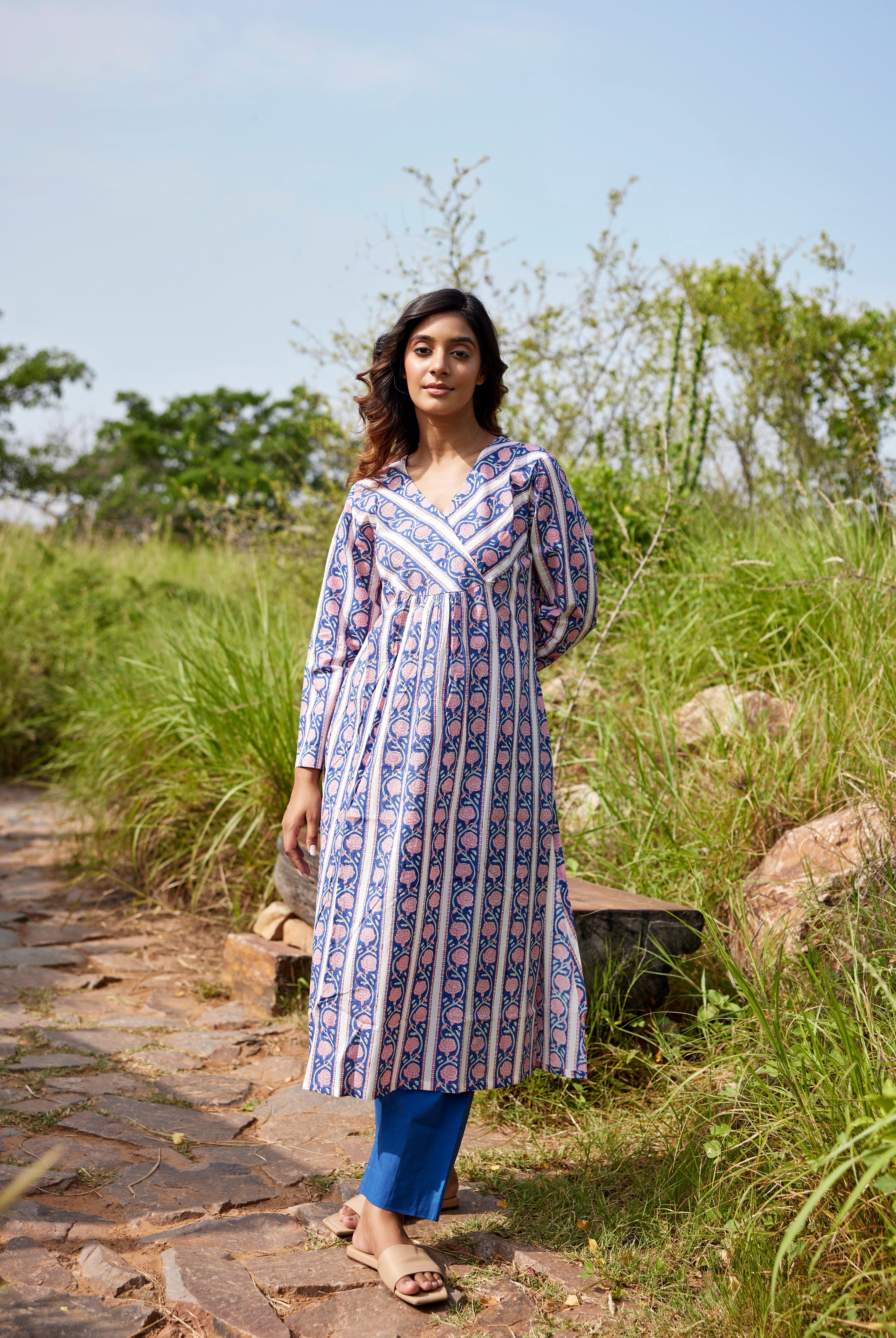 Indigo Cotton Striped Block Printed Kurta | Jaipurrang | Hand Block Print Ethnic Wear
