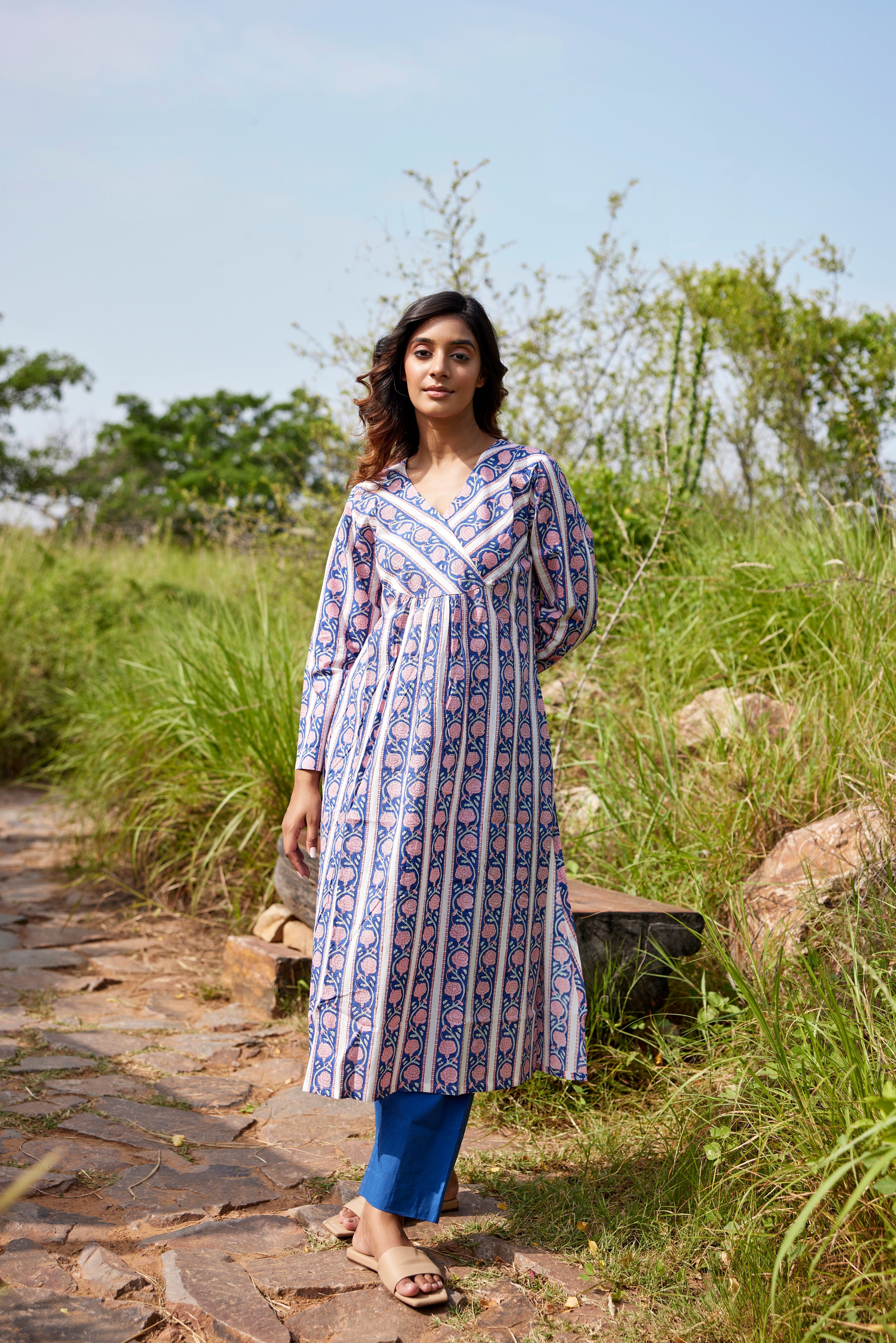 Indigo Cotton Striped Block Printed Kurta | Jaipurrang | Hand Block Print Ethnic Wear