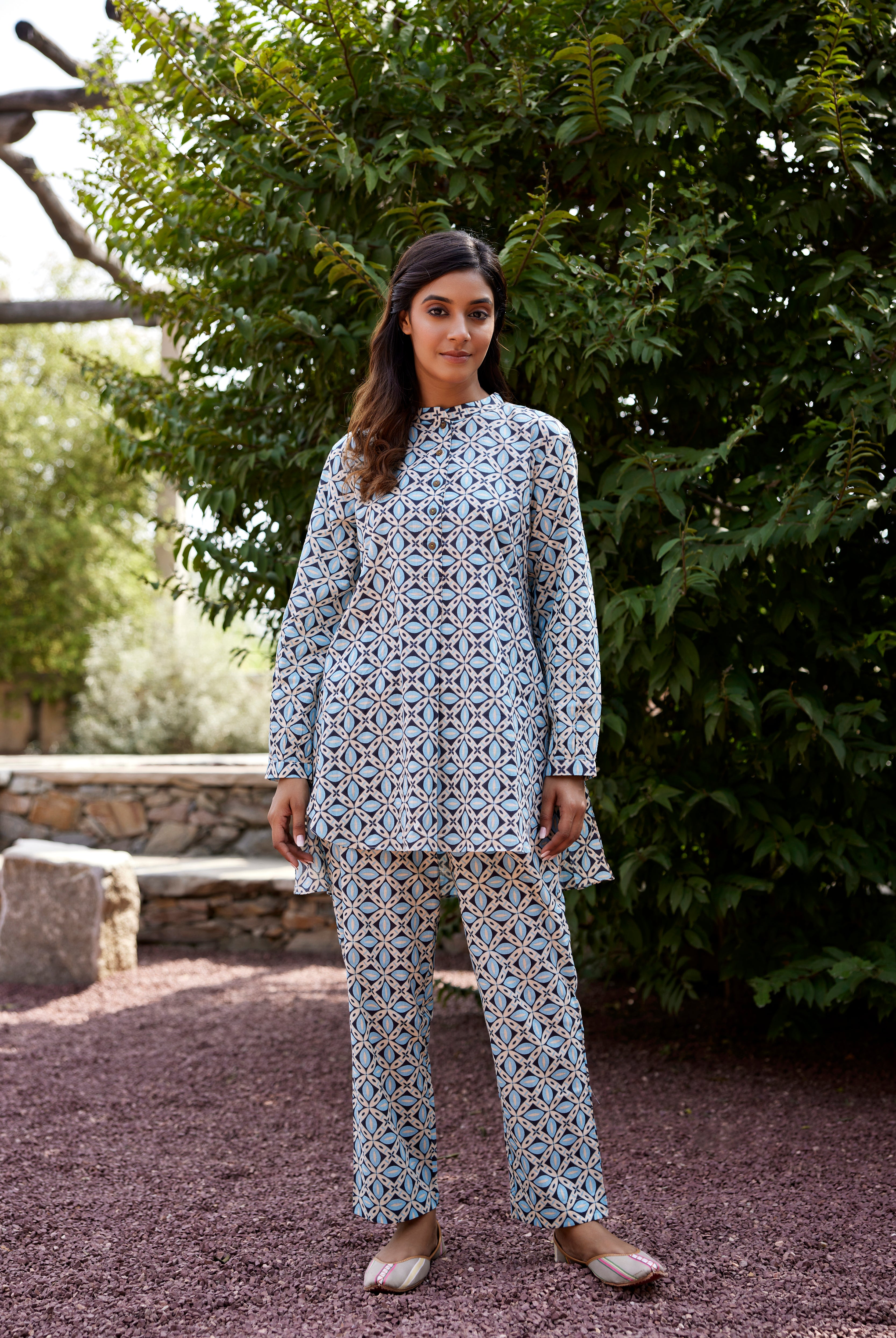 Geometric Block Print on Blue Black Cotton Co-ord Set | Jaipurrang | Women's Ethnic Wear
