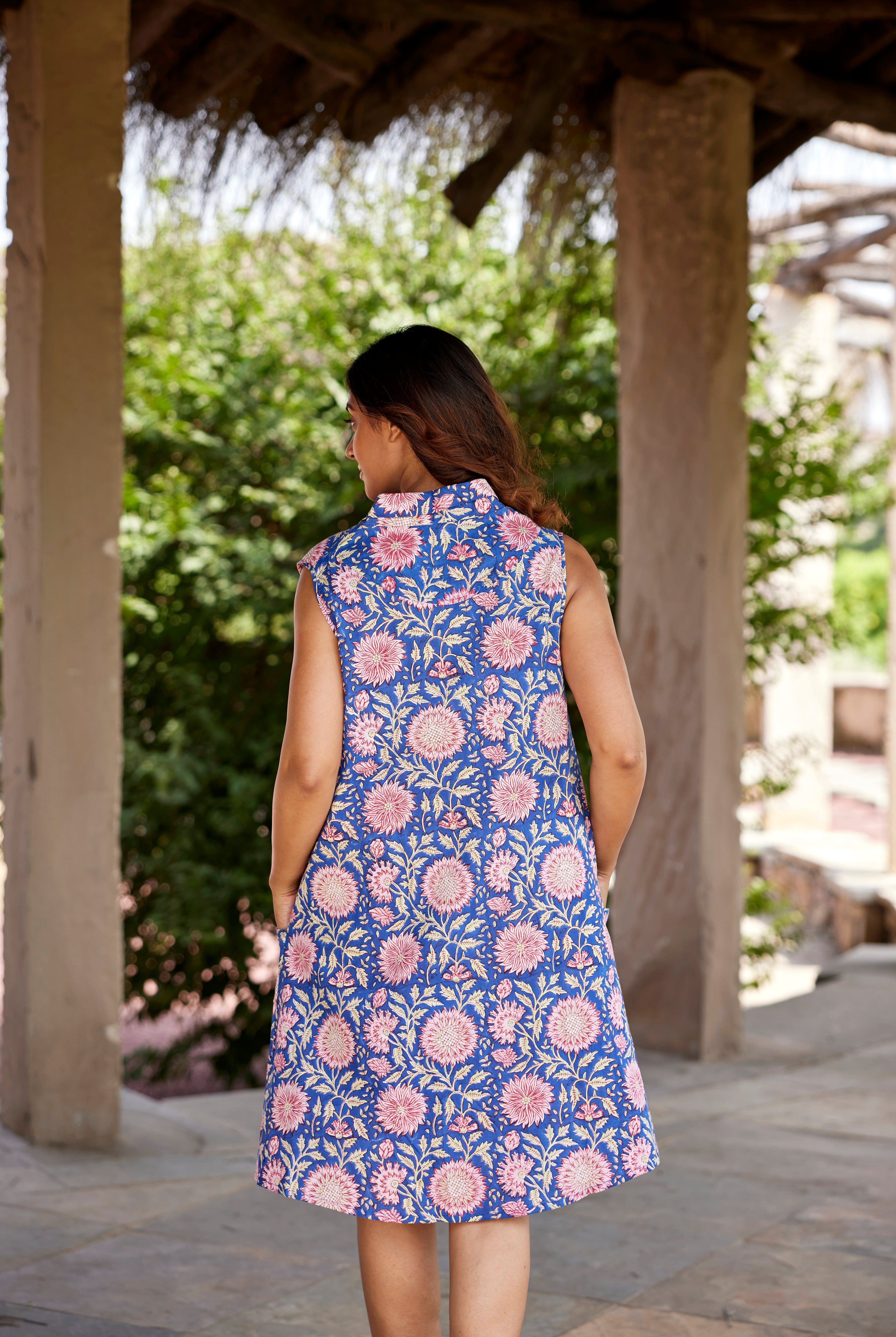 Jaal Block Print on Blue Cotton Short Dress | Jaipurrang | Hand Block Print Ethnic Wear
