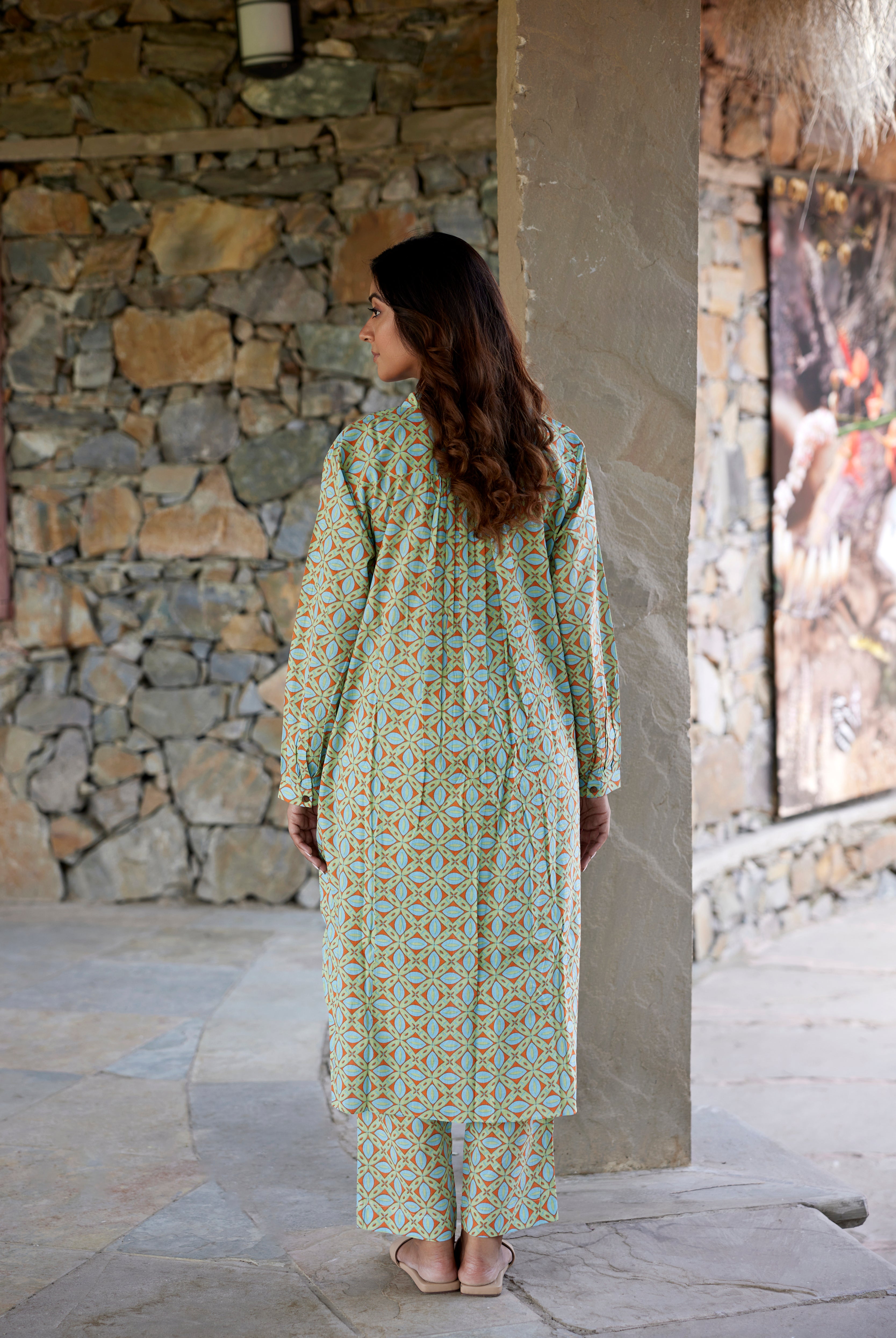 Geometric Block Print on Green Orange Cotton Co-ord Set | Jaipurrang | Women's Ethnic Wear
