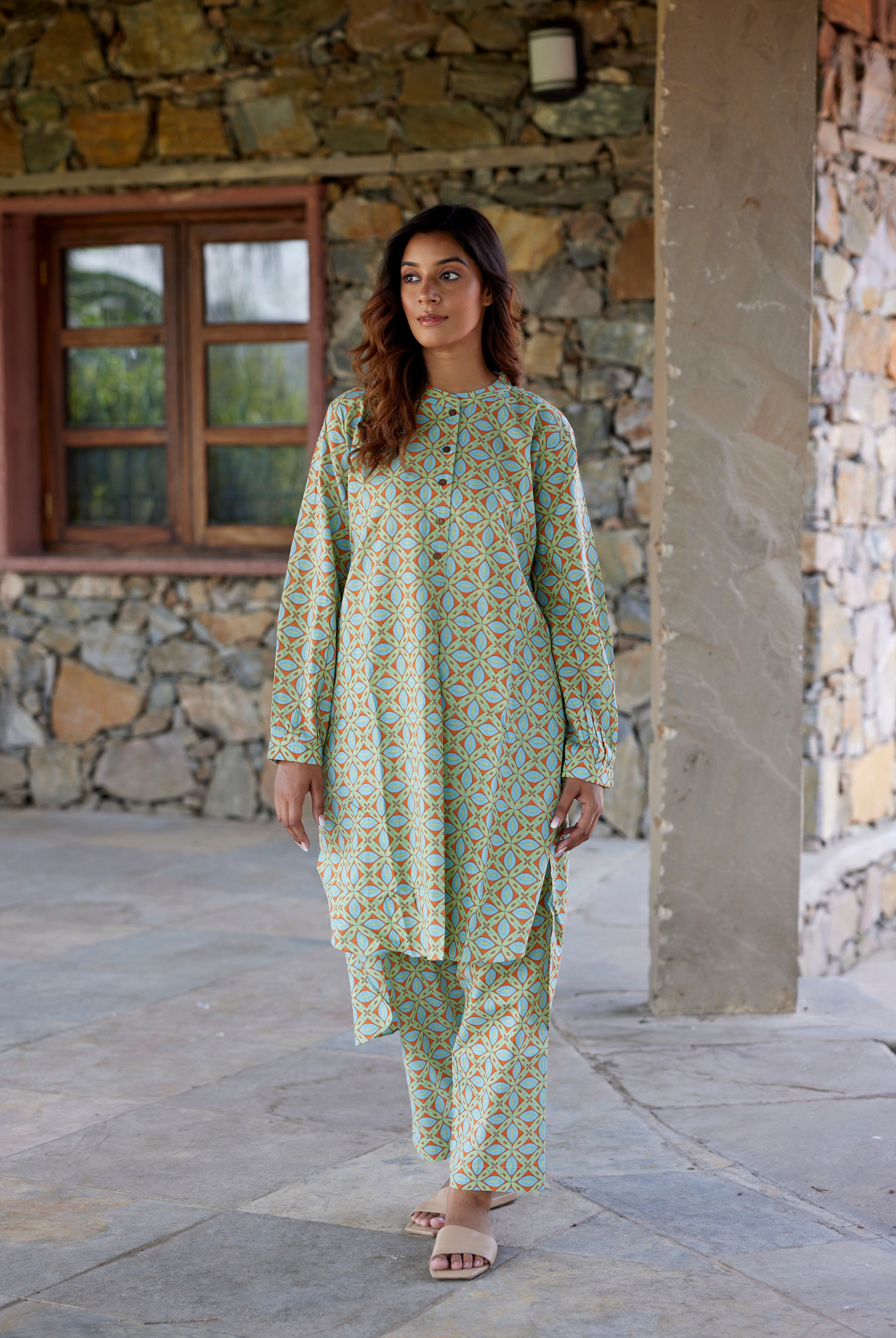 Geometric Block Print on Green Orange Cotton Co-ord Set | Jaipurrang | Women's Ethnic Wear