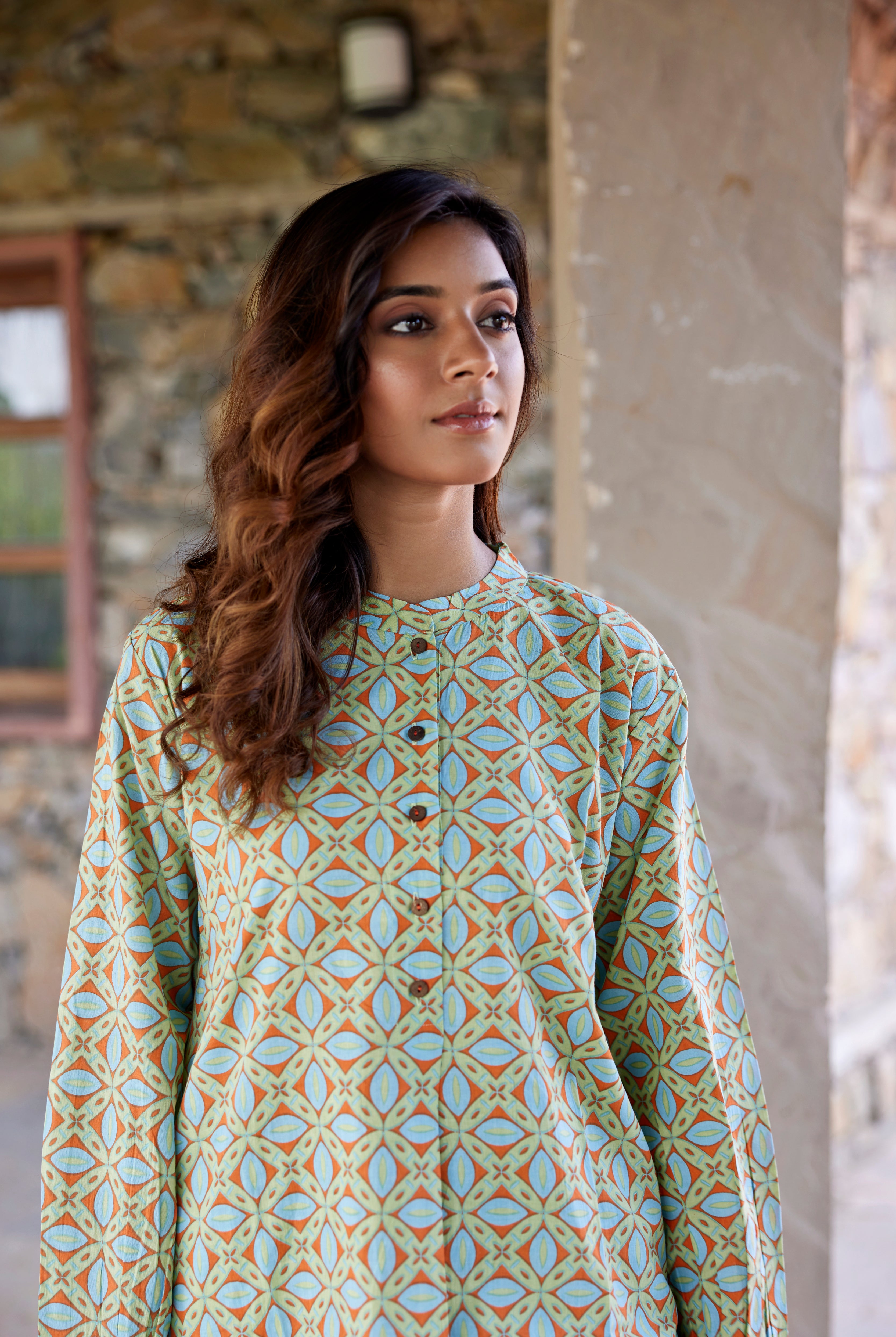 Geometric Block Print on Green Orange Cotton Co-ord Set | Jaipurrang | Women's Ethnic Wear