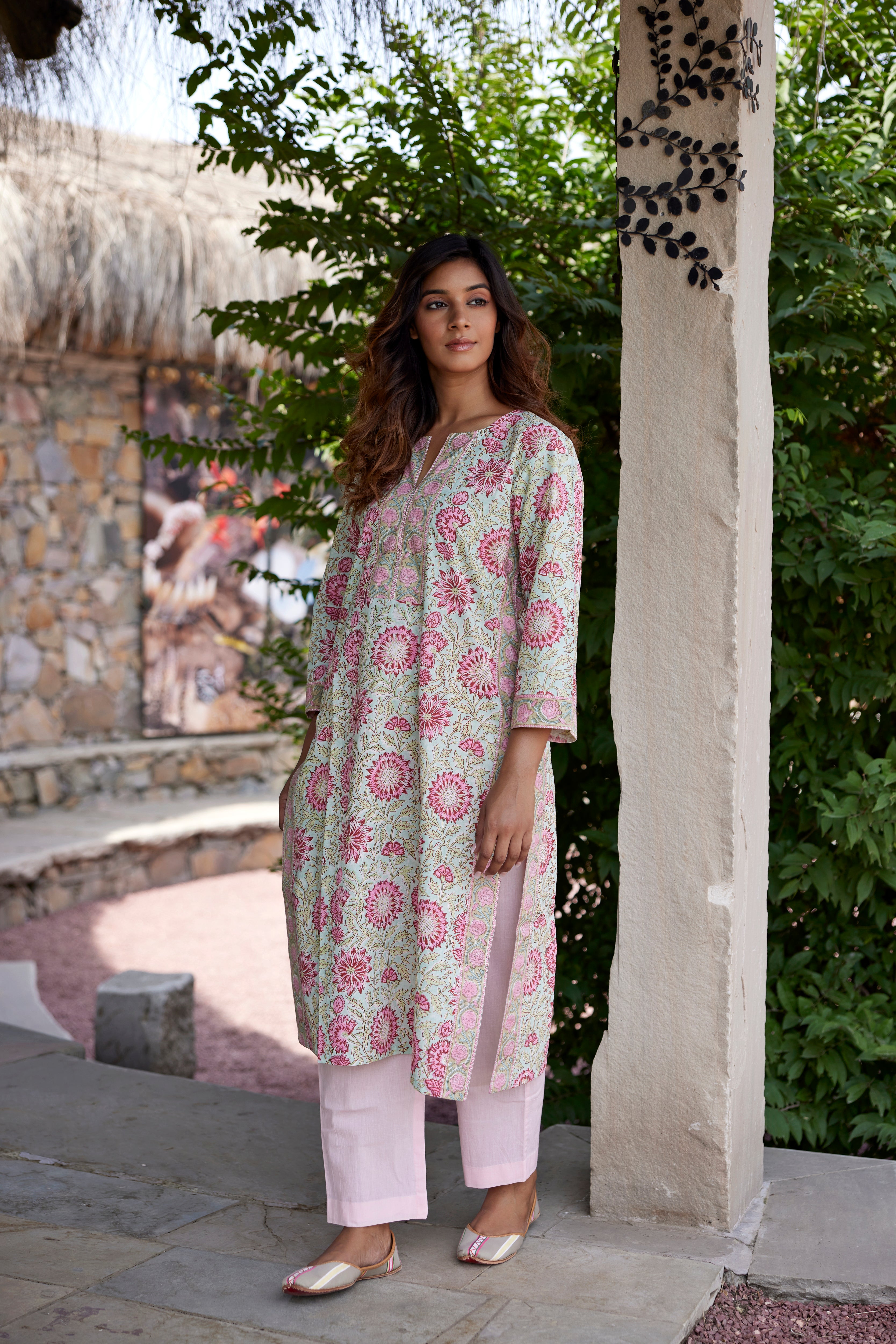 Mint Green Cotton Zaal Block Print Panel Kurta | Jaipurrang | Hand Block Print Ethnic Wear