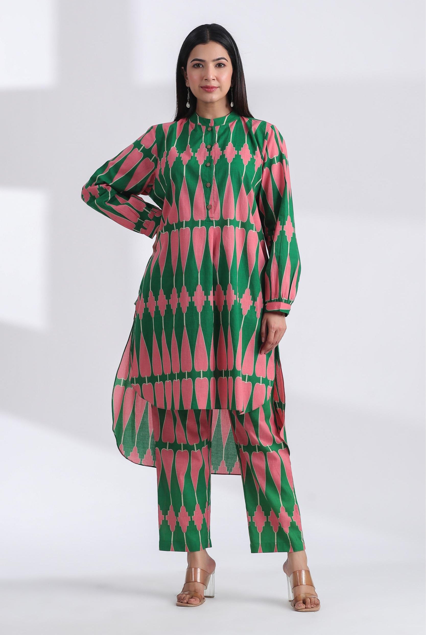 Kilim Print on Green Pink Cotton Shirt Co-ord Set | Jaipurrang | Women's Ethnic Wear