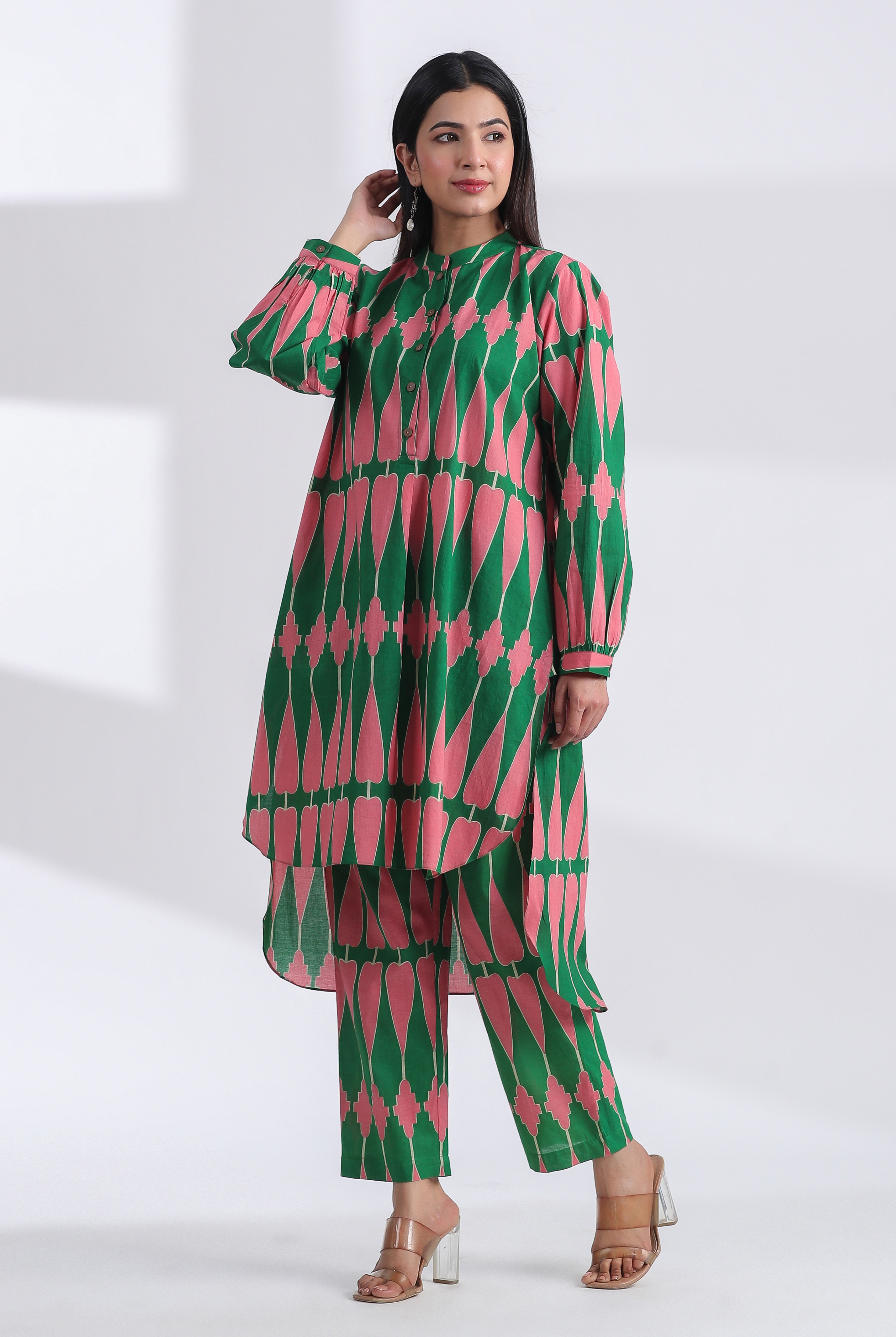 Kilim Print on Green Pink Cotton Shirt Co-ord Set | Jaipurrang | Women's Ethnic Wear