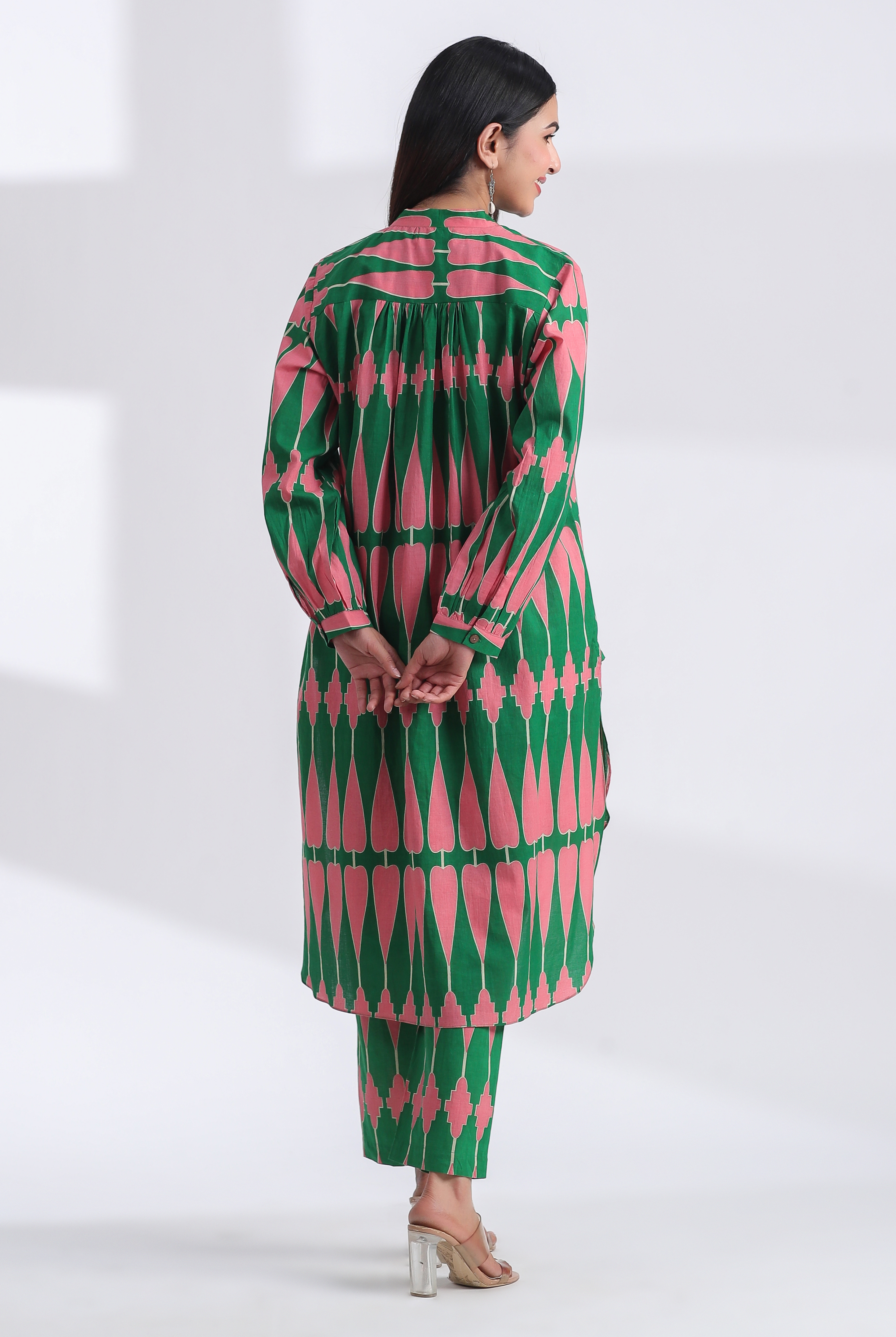 Kilim Print on Green Pink Cotton Shirt Co-ord Set | Jaipurrang | Women's Ethnic Wear