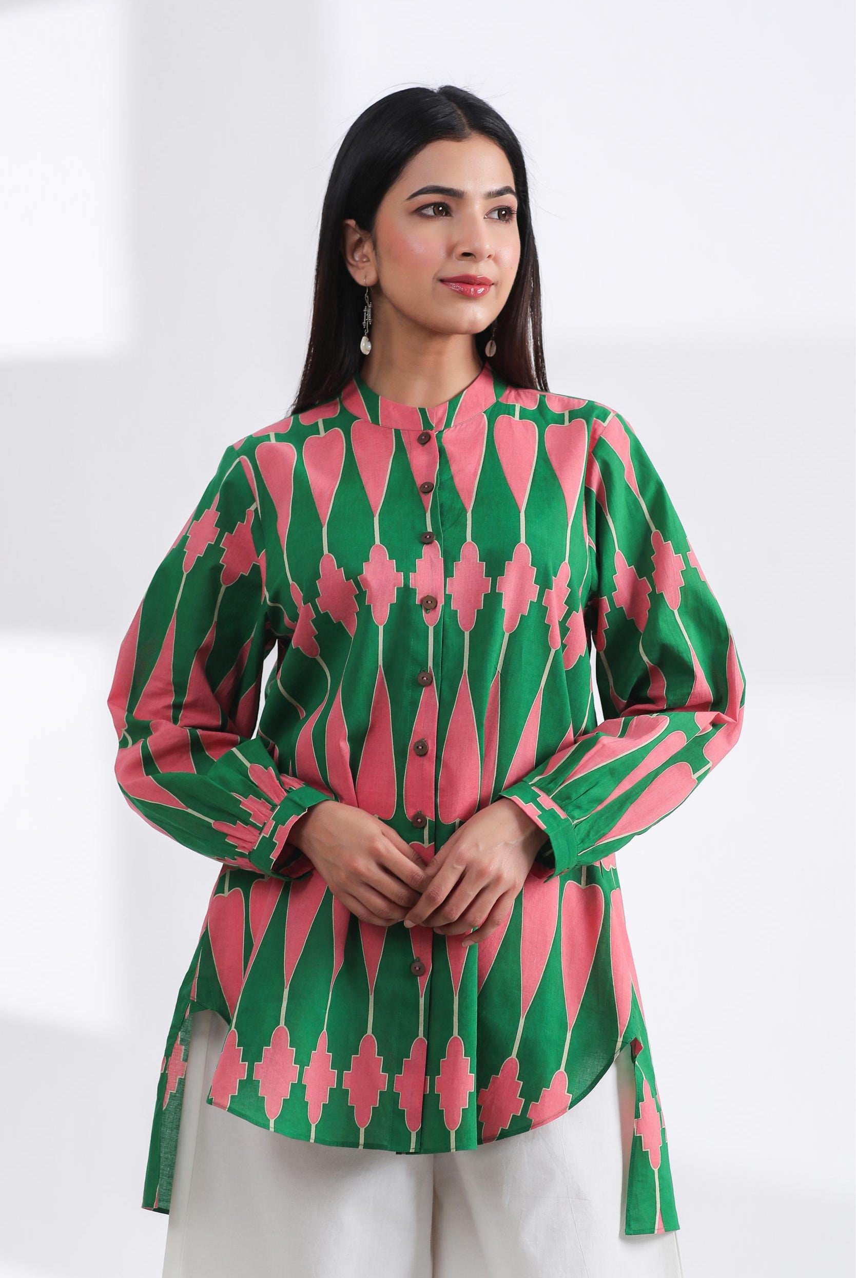 Kilim Print on Green Pink Cotton Shirt | Jaipurrang | Women's Ethnic Wear