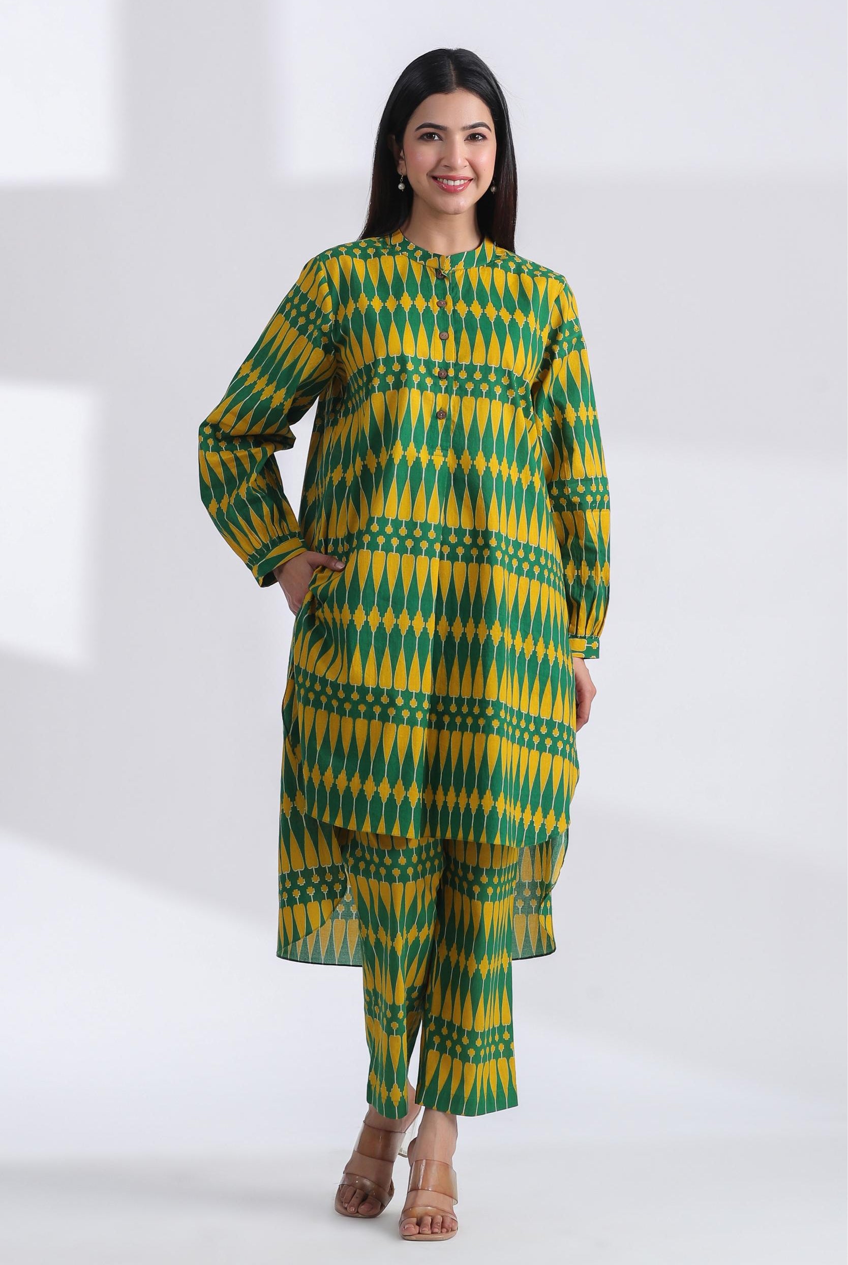 Kilim Print on Green Yellow Cotton Shirt Co-ord Set | Jaipurrang | Women's Ethnic Wear
