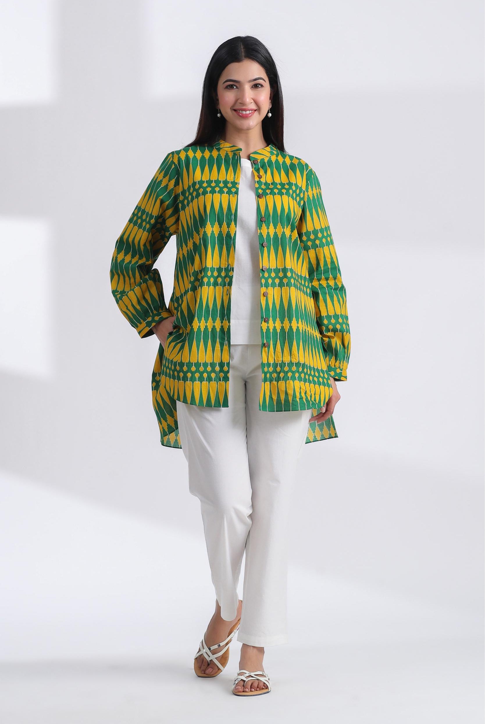 Kilim Print on Green Yellow Cotton Shirt | Jaipurrang | Women's Ethnic Wear