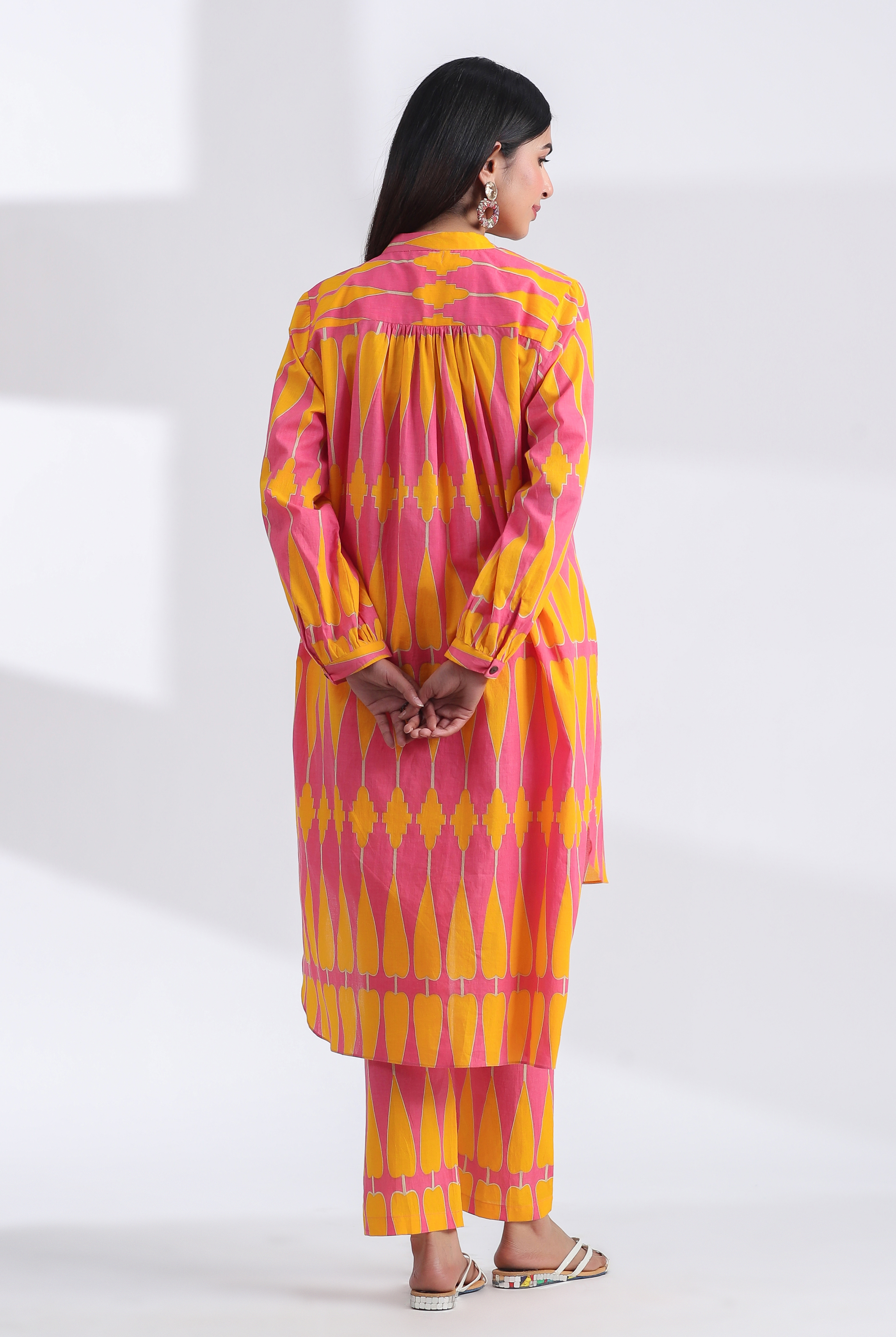 Kilim Print on Pink Yellow Cotton Shirt Co-ord Set | Jaipurrang | Women's Ethnic Wear