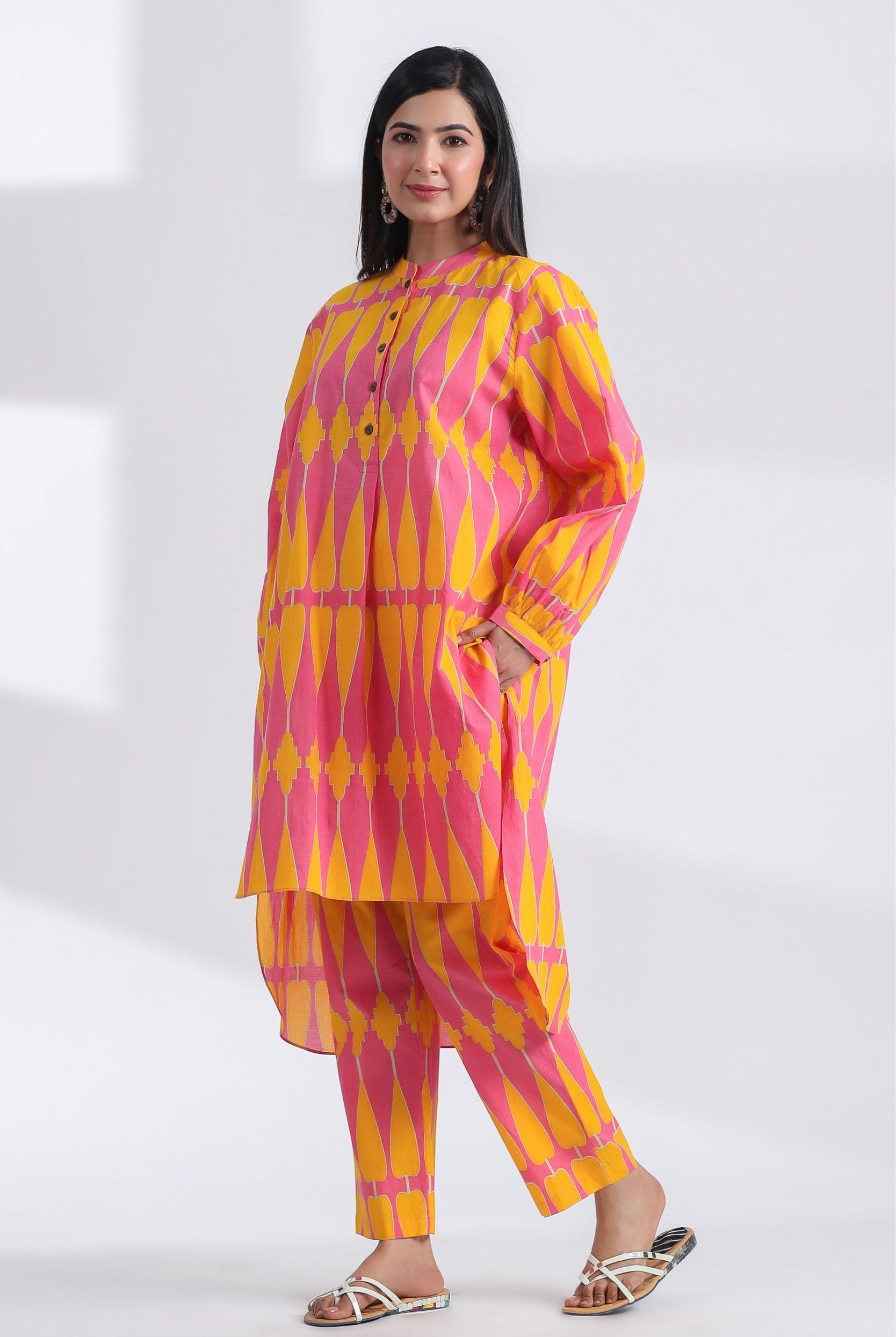 Kilim Print on Pink Yellow Cotton Shirt Co-ord Set | Jaipurrang | Women's Ethnic Wear