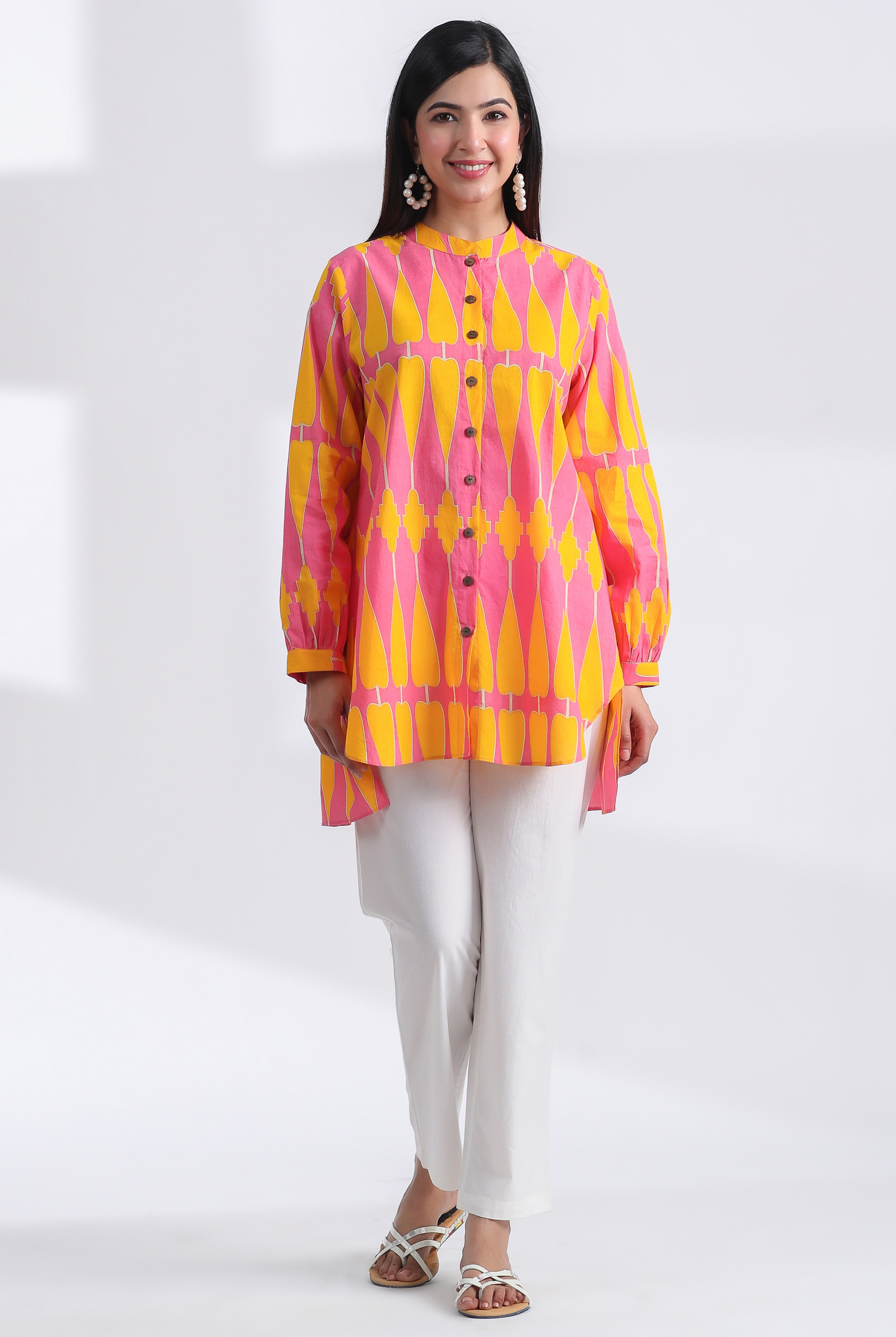 Kilim Print on Pink Yellow Cotton Shirt | Jaipurrang | Women's Ethnic Wear