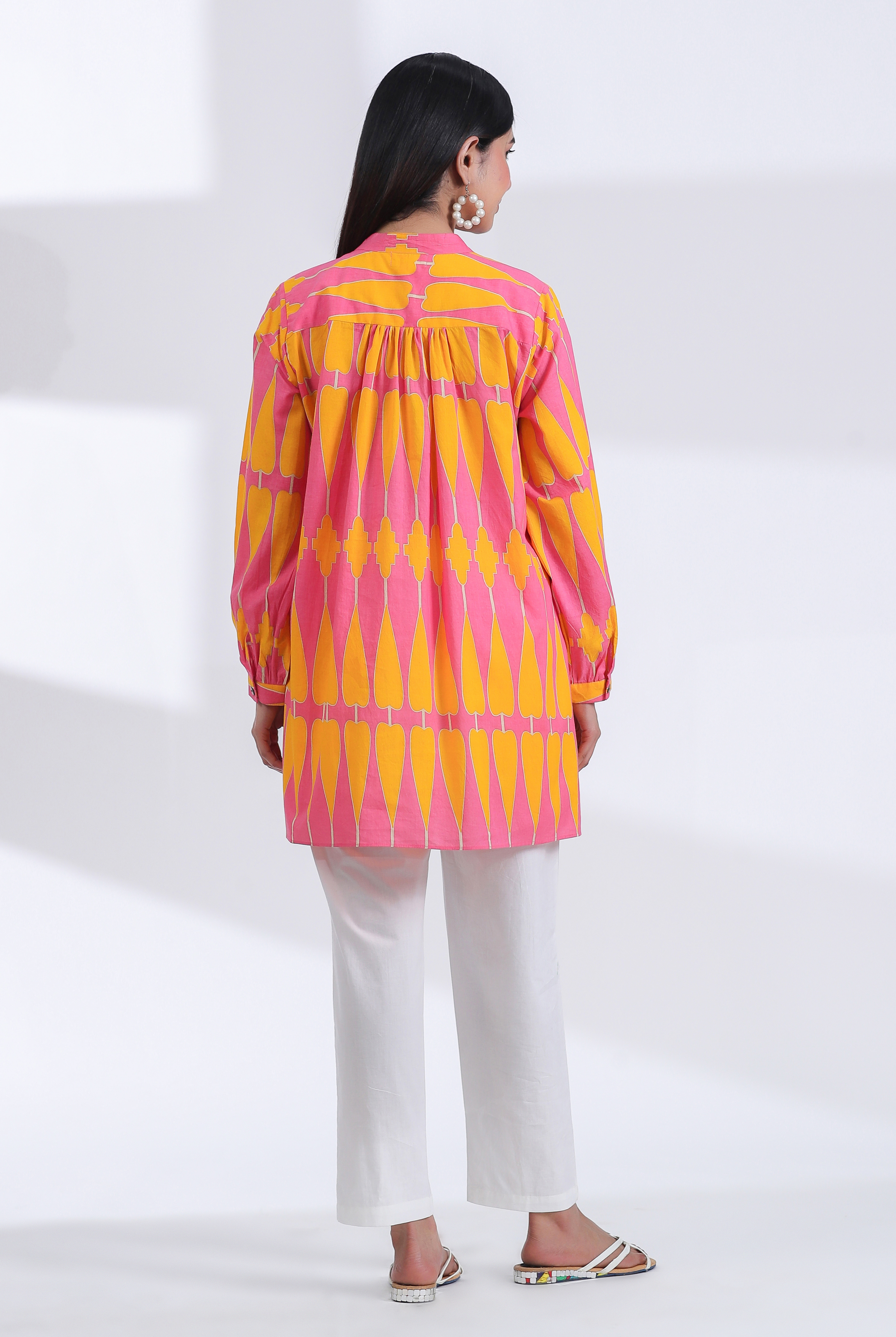 Kilim Print on Pink Yellow Cotton Shirt | Jaipurrang | Women's Ethnic Wear