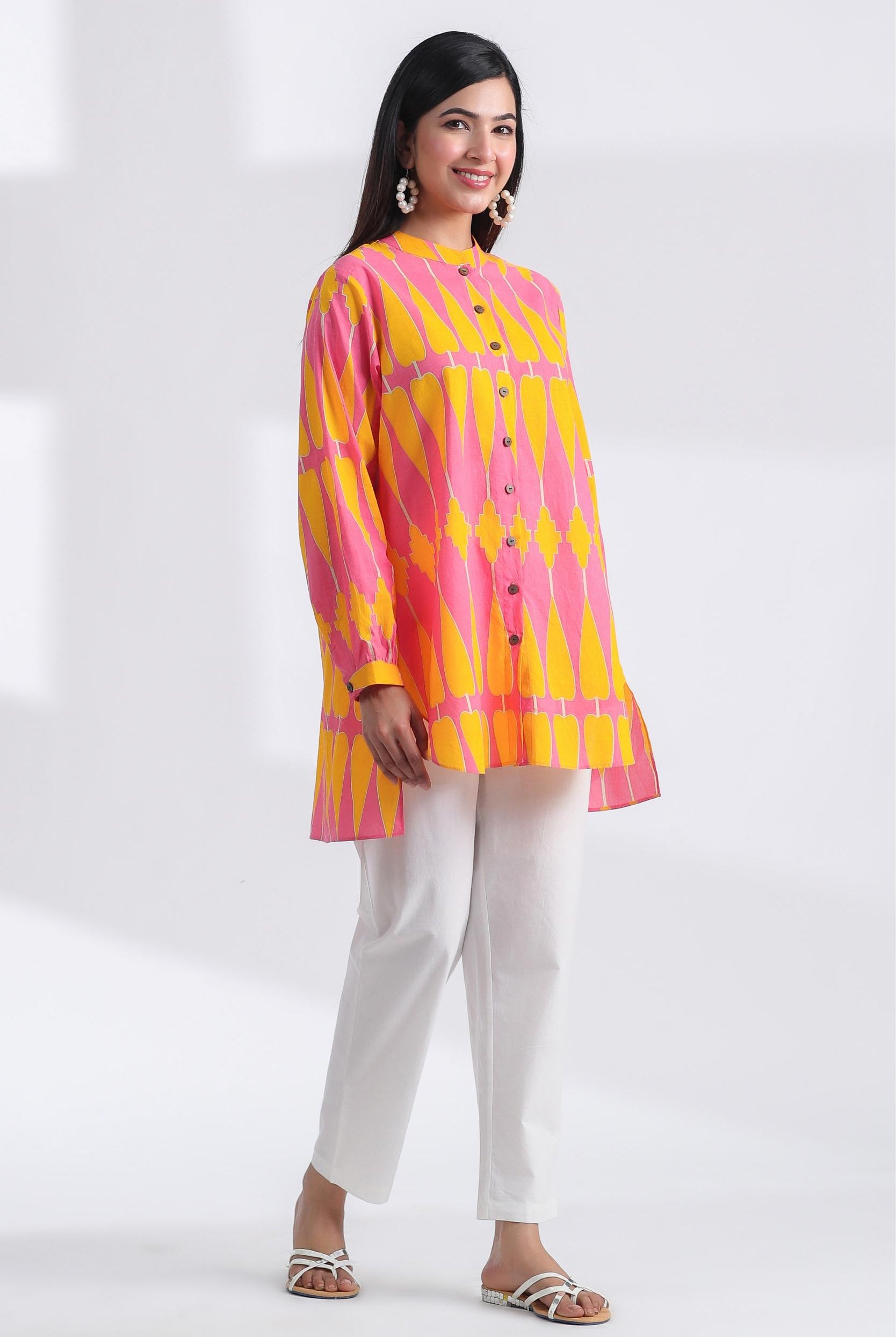 Kilim Print on Pink Yellow Cotton Shirt | Jaipurrang | Women's Ethnic Wear