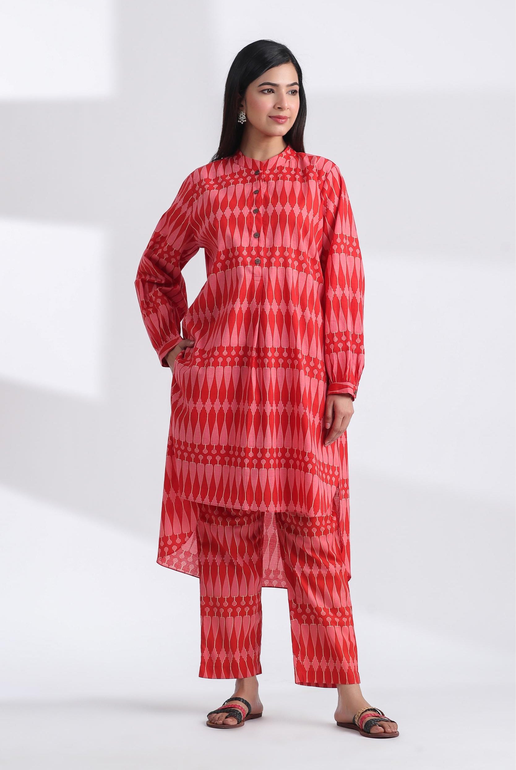 Kilim Print on Red Pink Cotton Shirt Co-ord Set | Jaipurrang | Women's Ethnic Wear