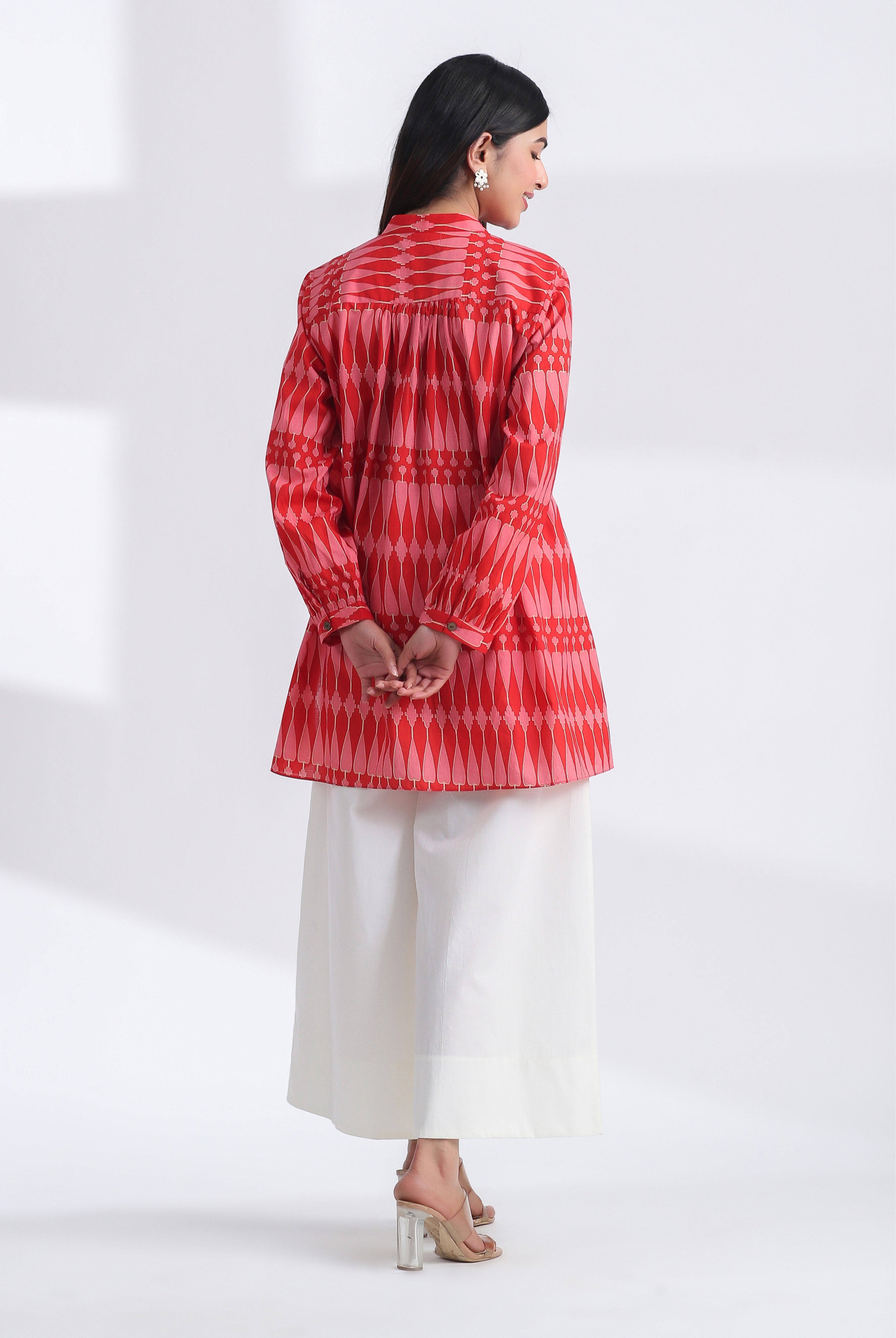 Kilim Print on Red Pink Cotton Shirt | Jaipurrang | Women's Ethnic Wear