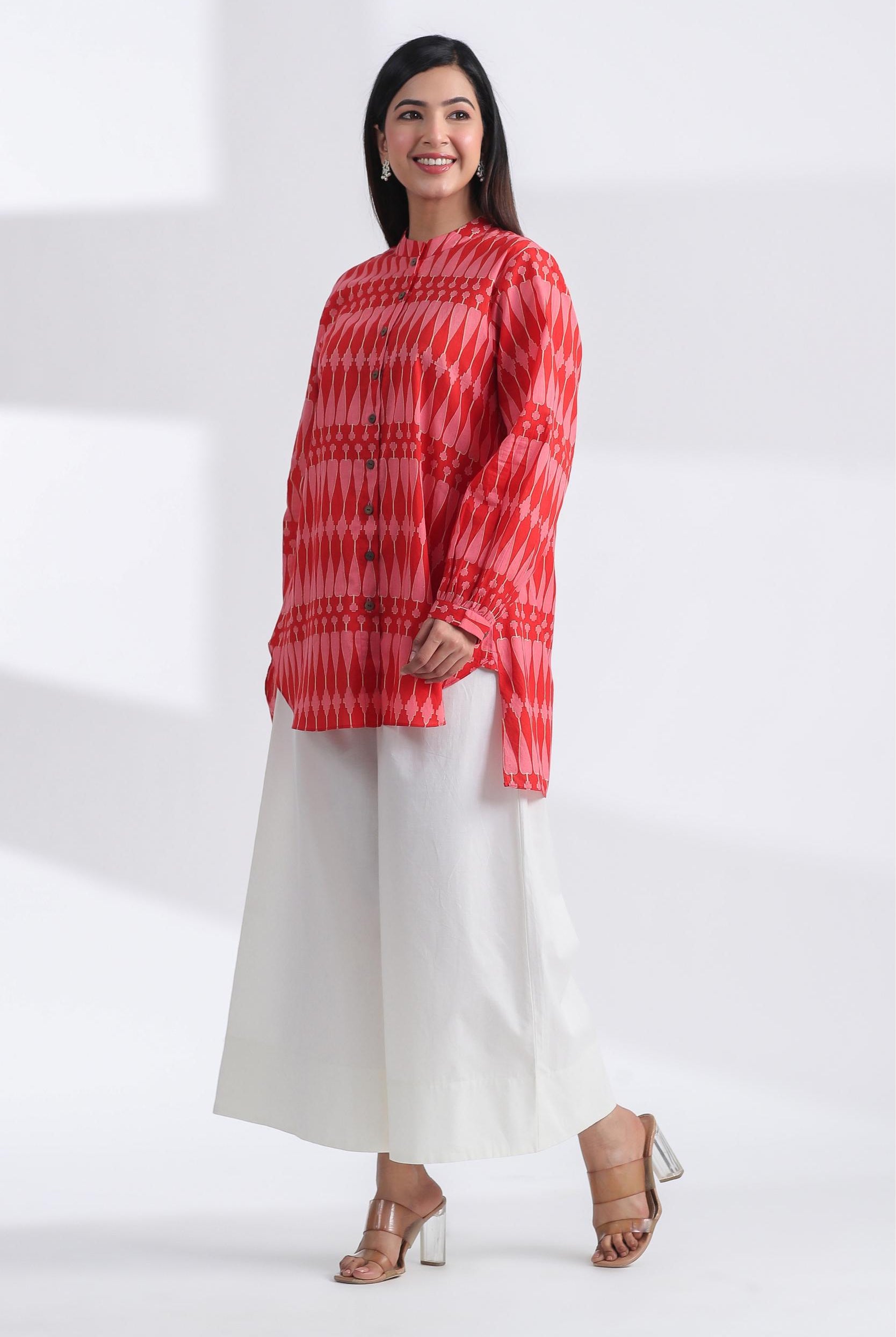 Kilim Print on Red Pink Cotton Shirt | Jaipurrang | Women's Ethnic Wear