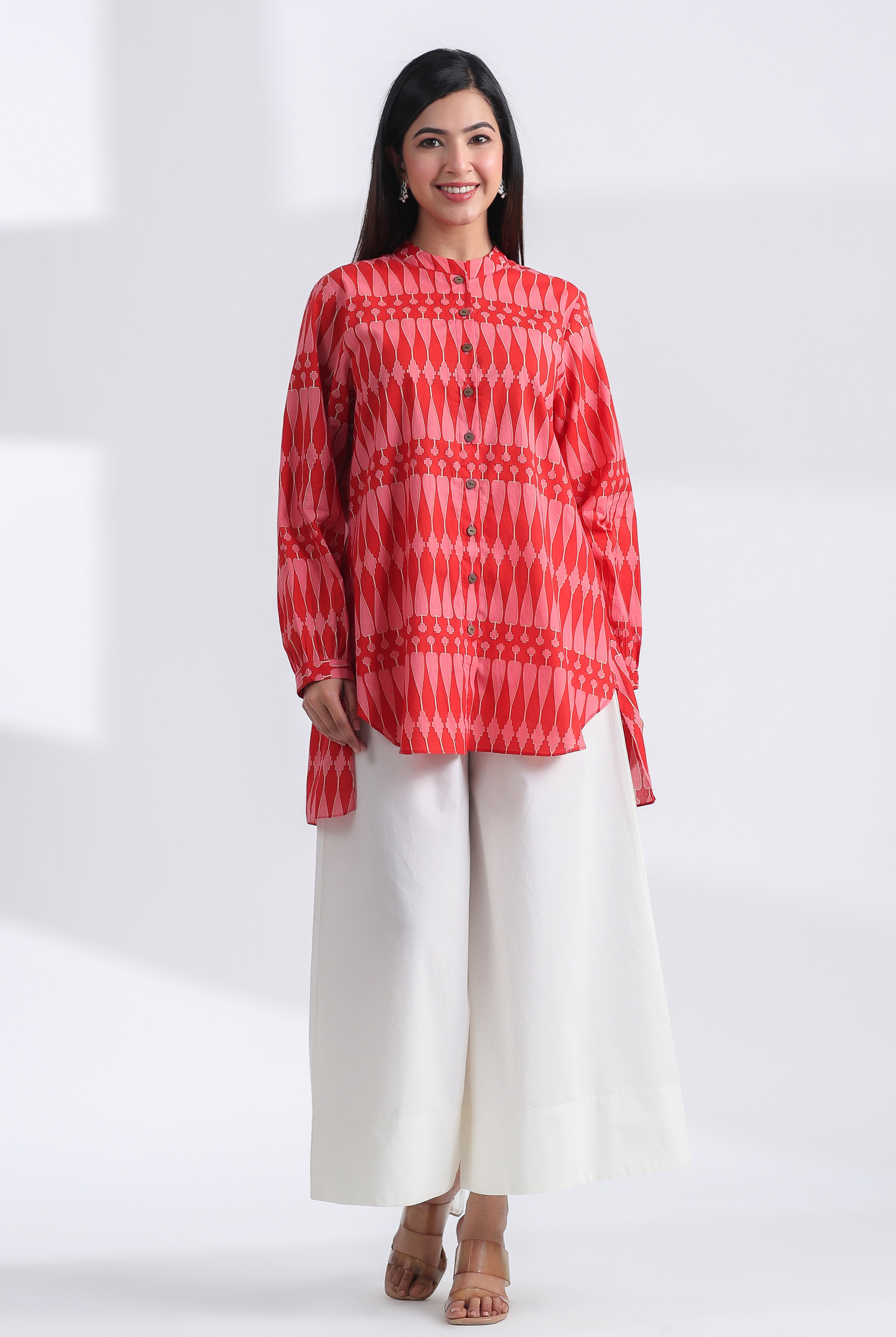 Kilim Print on Red Pink Cotton Shirt | Jaipurrang | Women's Ethnic Wear