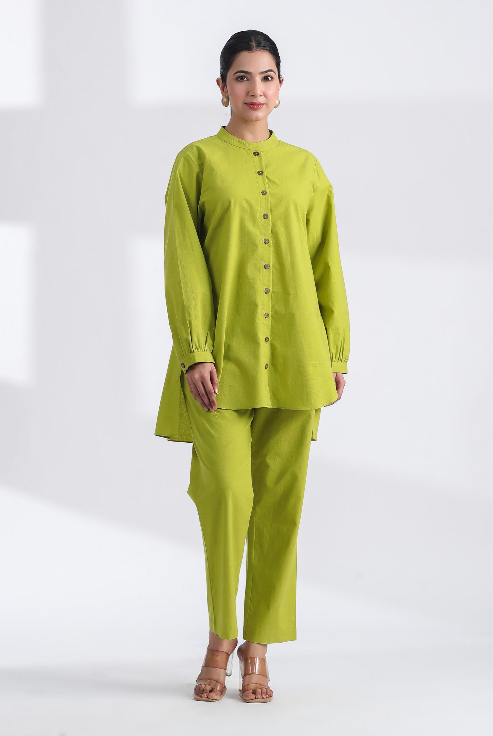 Solid on Lime Green Cotton Shirt Co-ord Set | Jaipurrang | Women's Ethnic Wear