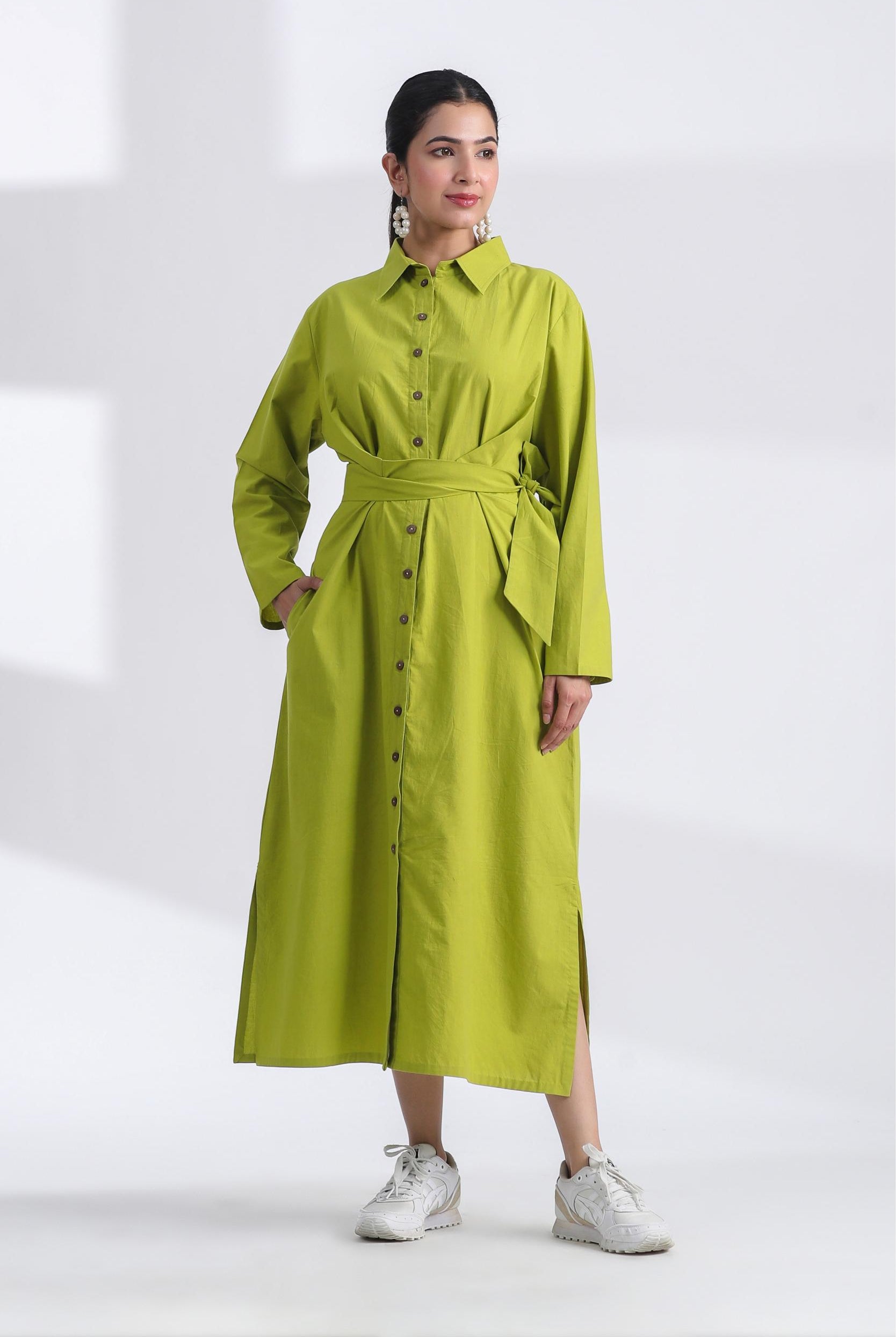Solid on Lime Green Cotton Belted Shirt Dress | Jaipurrang | Women's Ethnic Wear