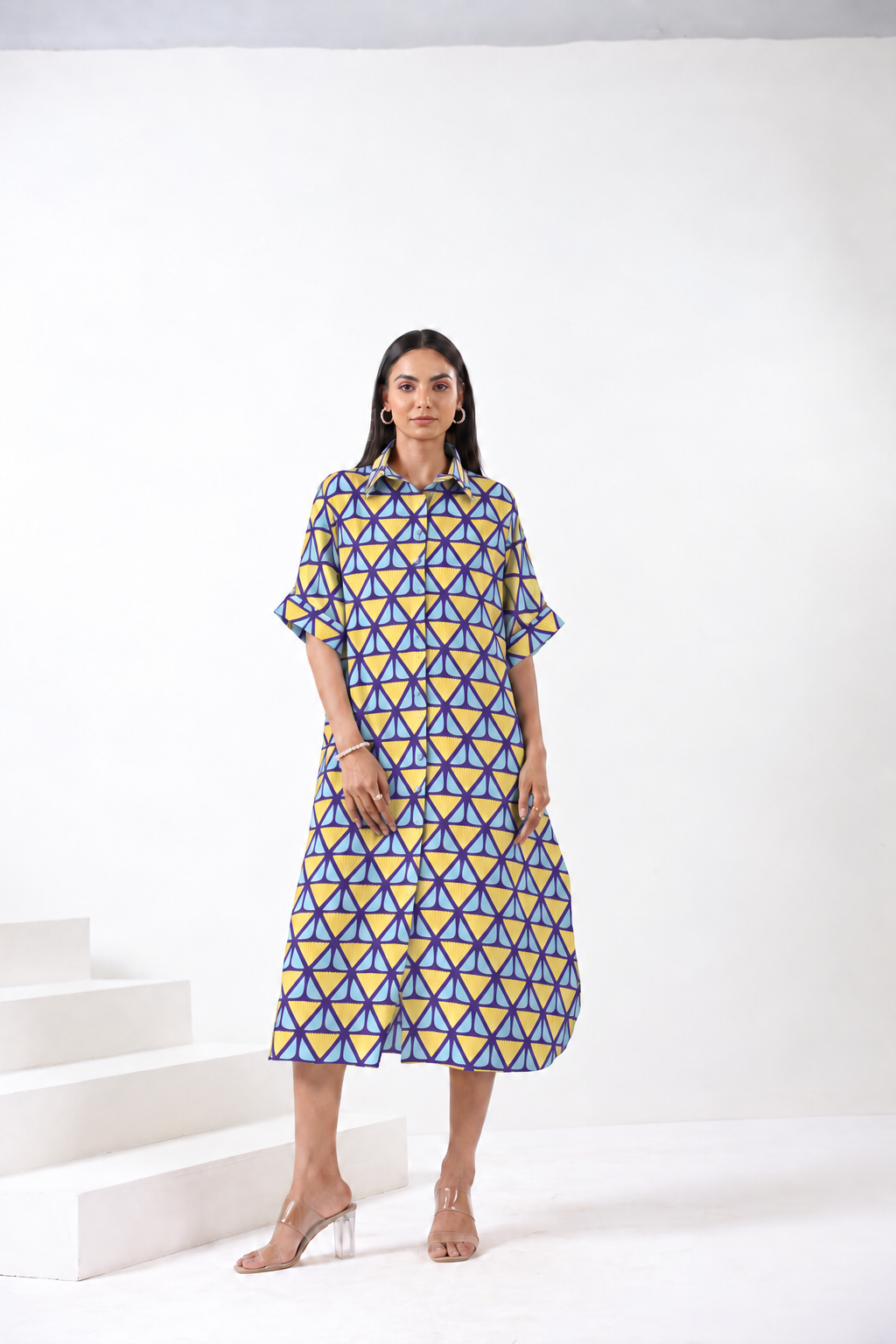 Purple Yellow Cotton Shirt Dress