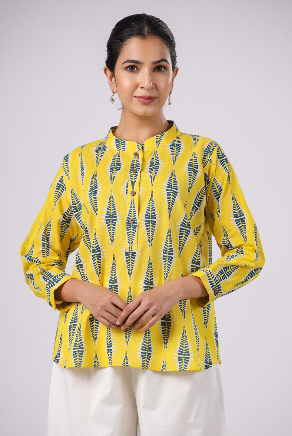 Diamond Print on Yellow Cotton Shirt | Jaipurrang | Women's Ethnic Wear