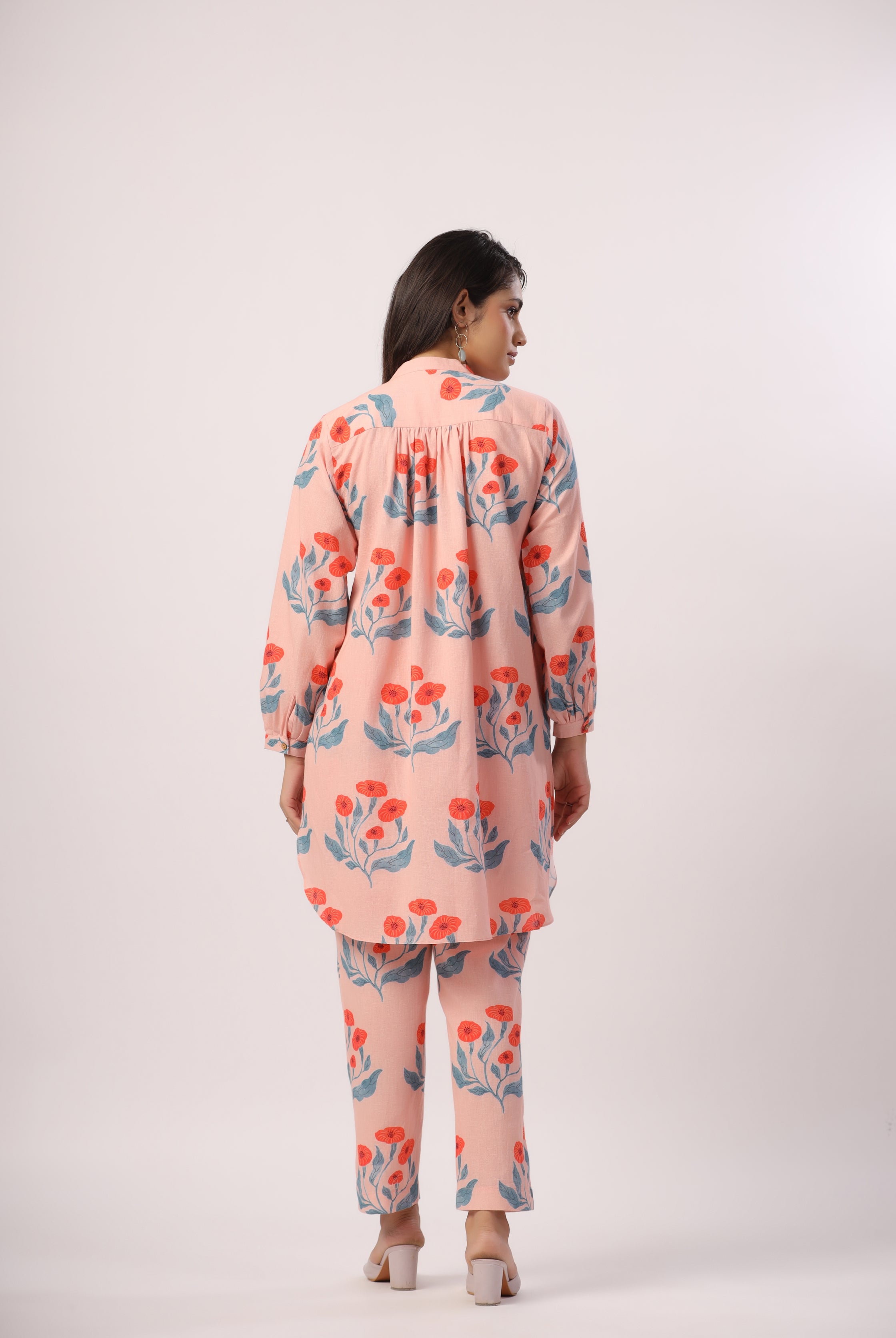 Flower Butta Print on Peach Cotton Linen Shirt Co-ord Set | Jaipurrang | Women's Ethnic Wear