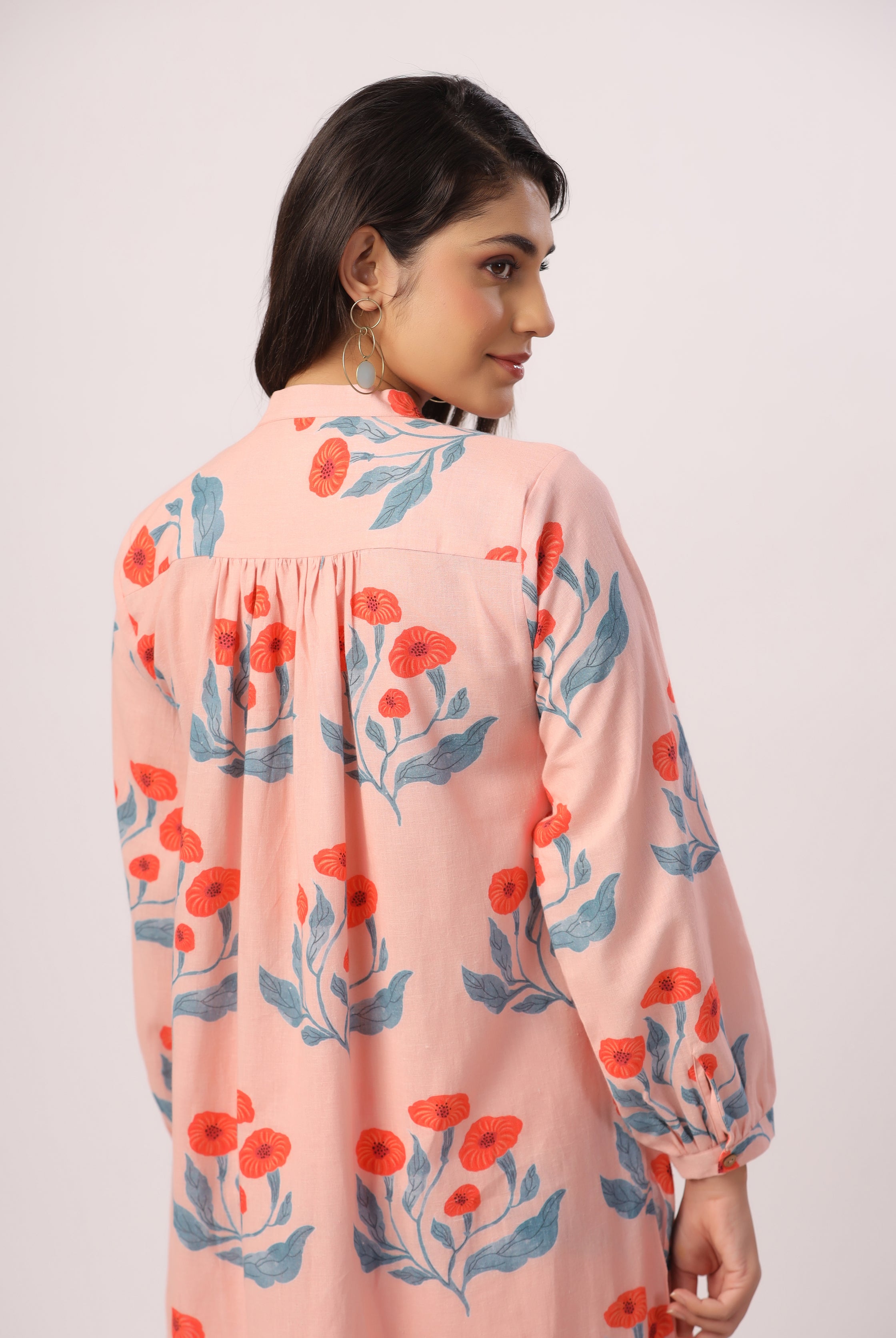Flower Butta Print on Peach Cotton Linen Shirt Co-ord Set | Jaipurrang | Women's Ethnic Wear