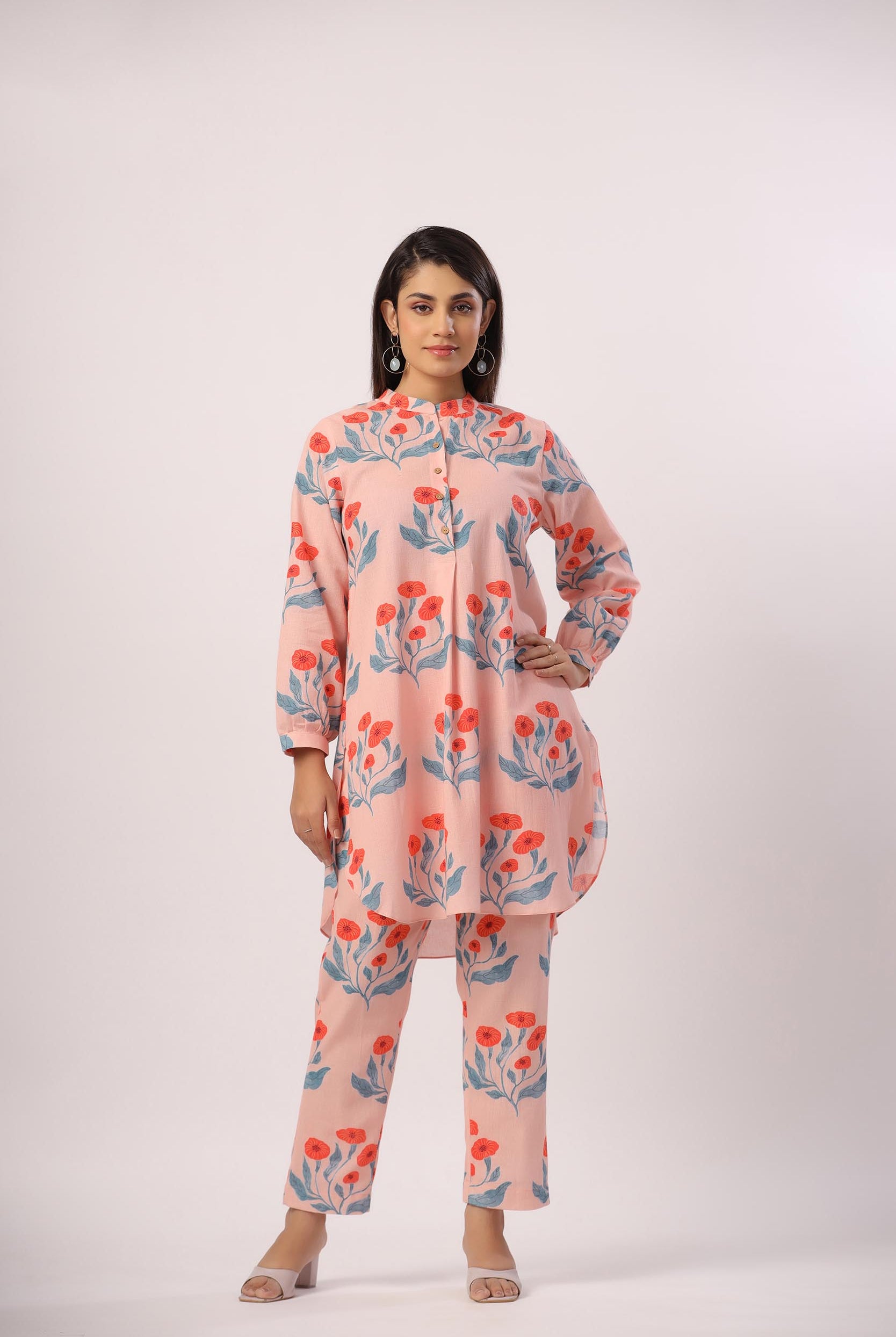 Flower Butta Print on Peach Cotton Linen Shirt Co-ord Set | Jaipurrang | Women's Ethnic Wear