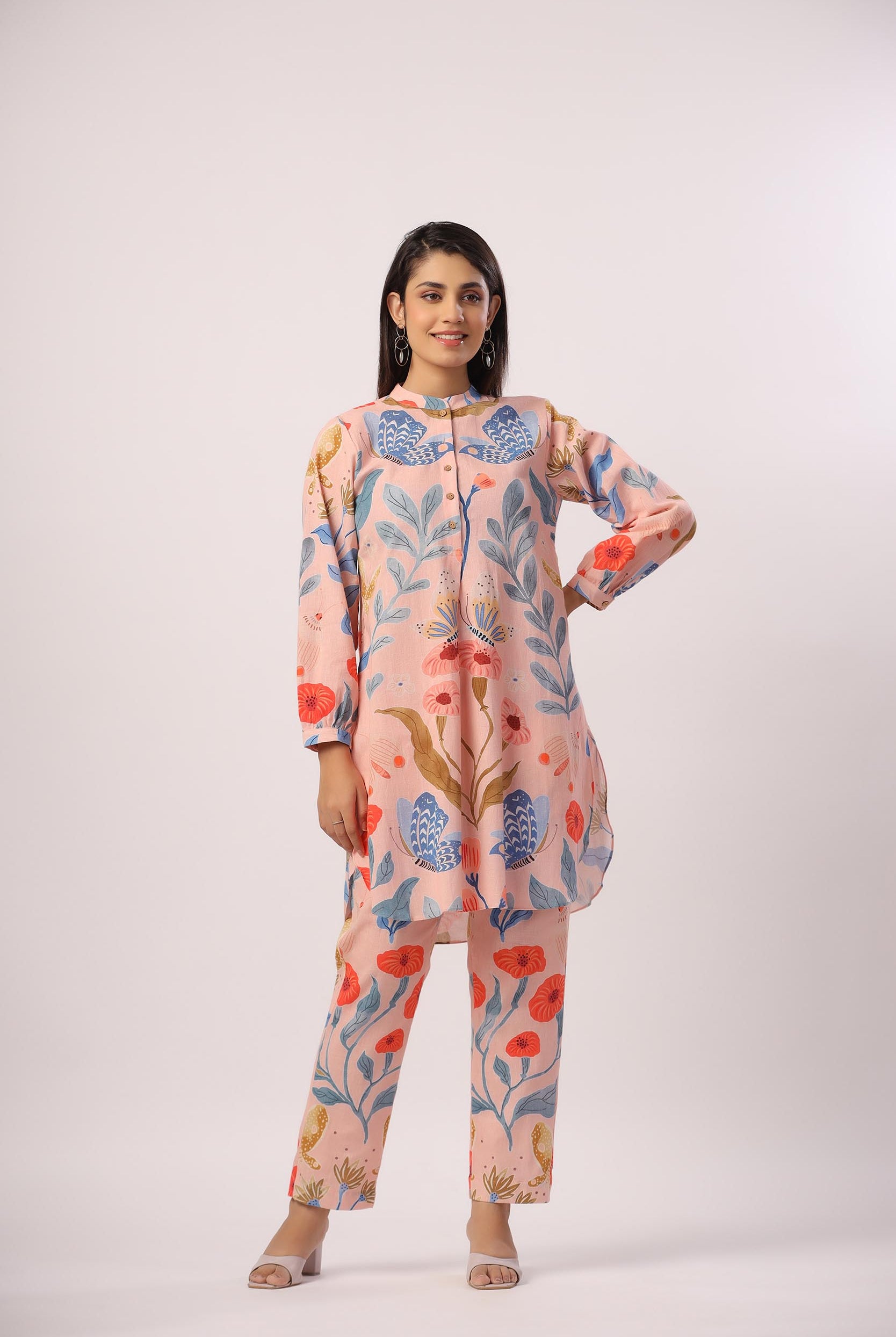 Floral Print on Peach Cotton Linen Shirt Co-ord Set | Jaipurrang | Women's Ethnic Wear