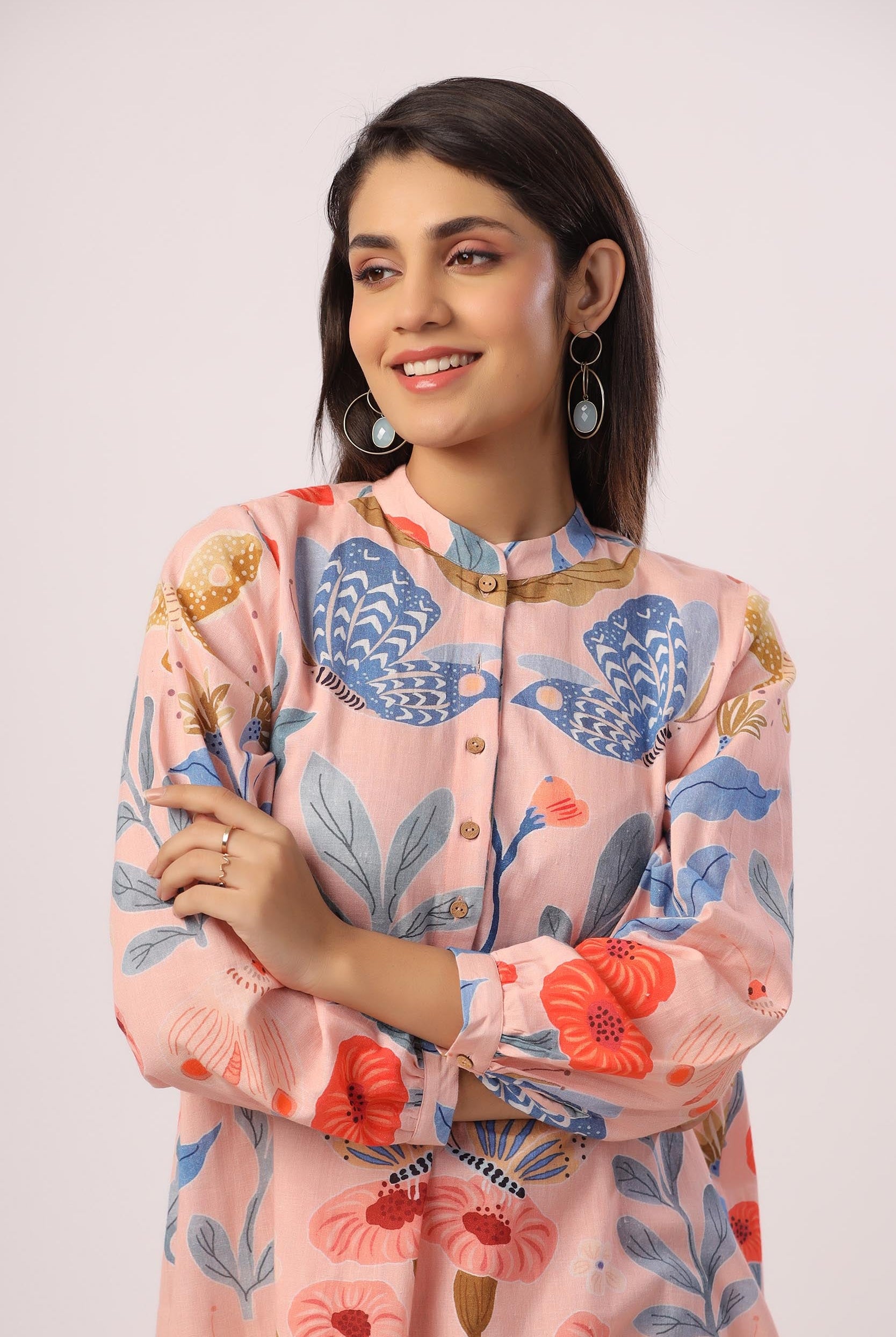 Floral Print on Peach Cotton Linen Shirt Co-ord Set | Jaipurrang | Women's Ethnic Wear