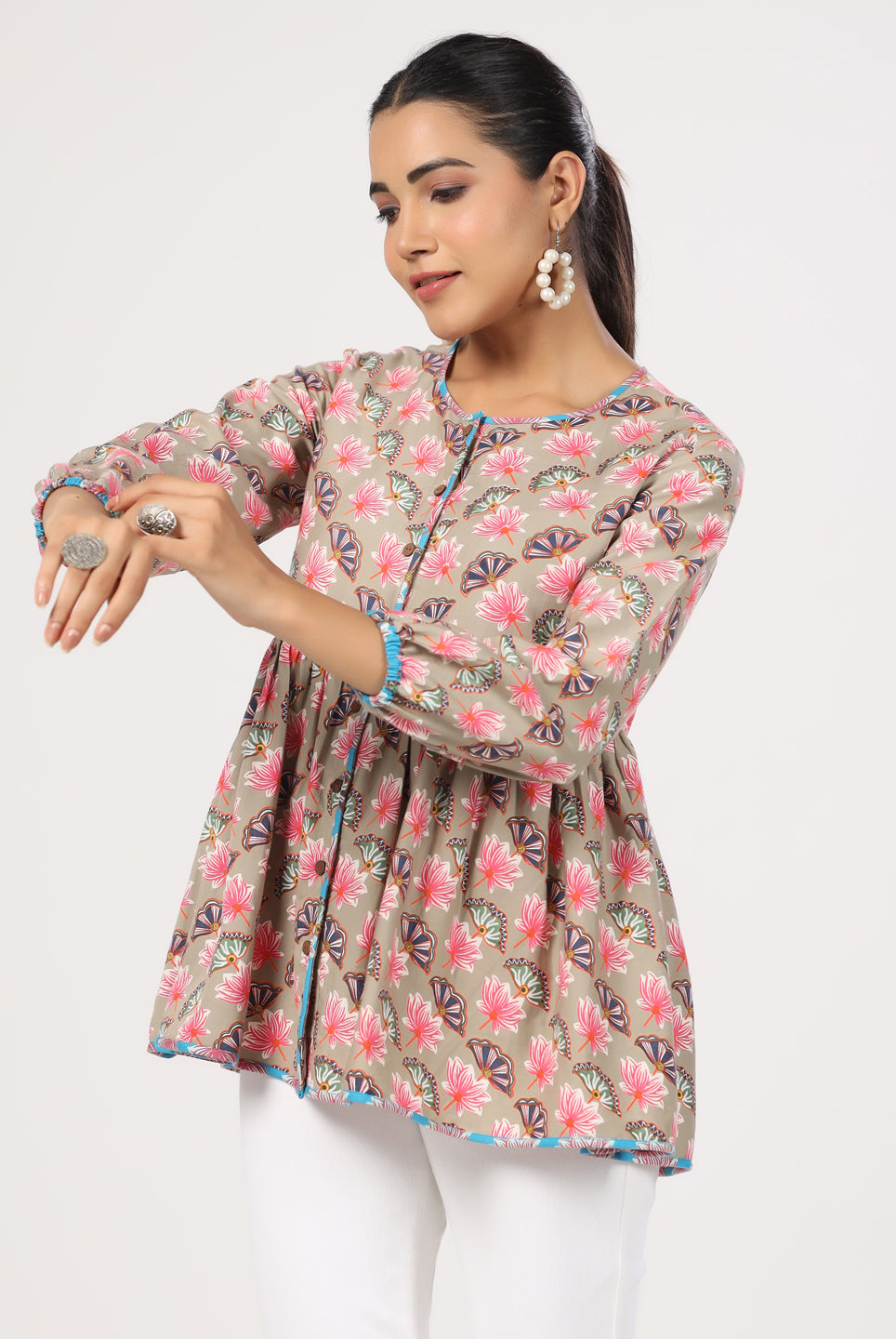 Lotus Print on Beige Cotton Satin Diagonal Top | Jaipurrang | Women's Ethnic Wear