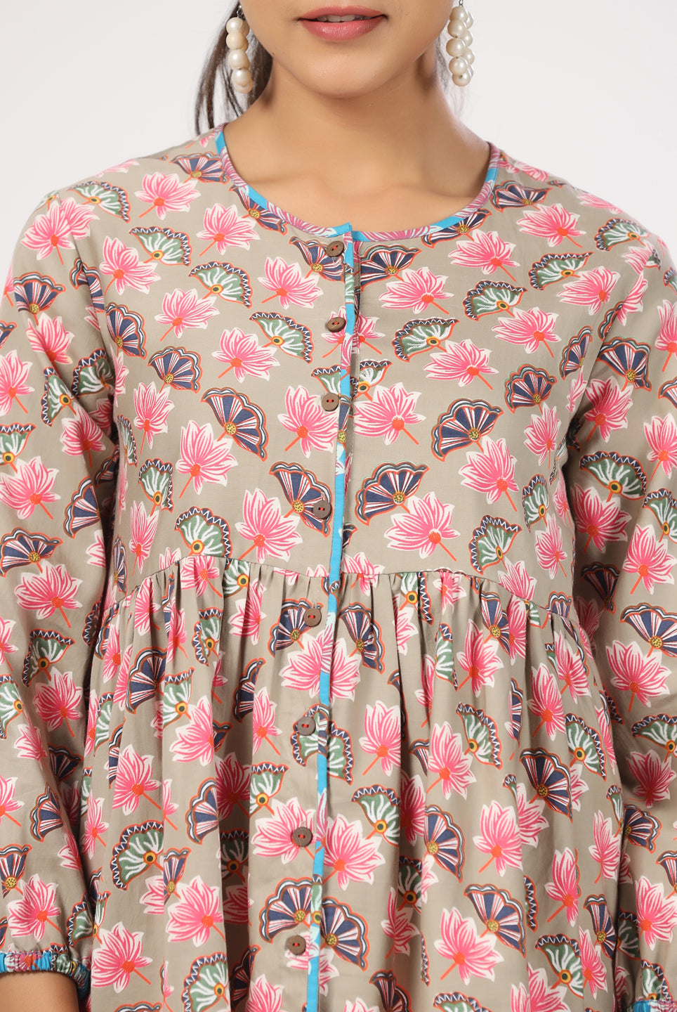 Lotus Print on Beige Cotton Satin Diagonal Top | Jaipurrang | Women's Ethnic Wear