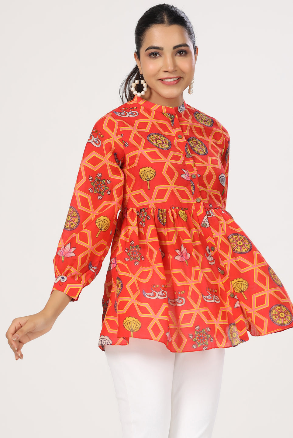 Zaal Print on Red Cotton Silk Top | Jaipurrang | Women's Ethnic Wear