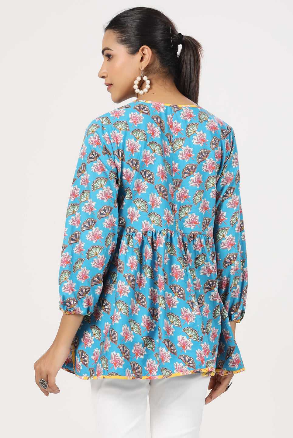 Lotus Print on Blue Cotton Satin Diagonal Top | Jaipurrang | Women's Ethnic Wear