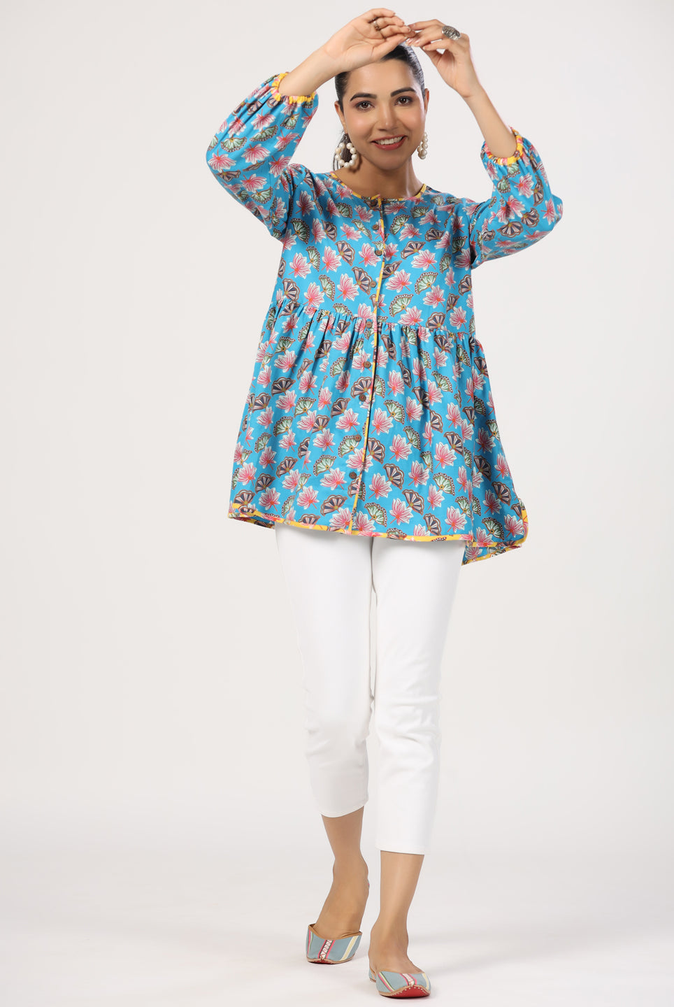 Lotus Print on Blue Cotton Satin Diagonal Top | Jaipurrang | Women's Ethnic Wear