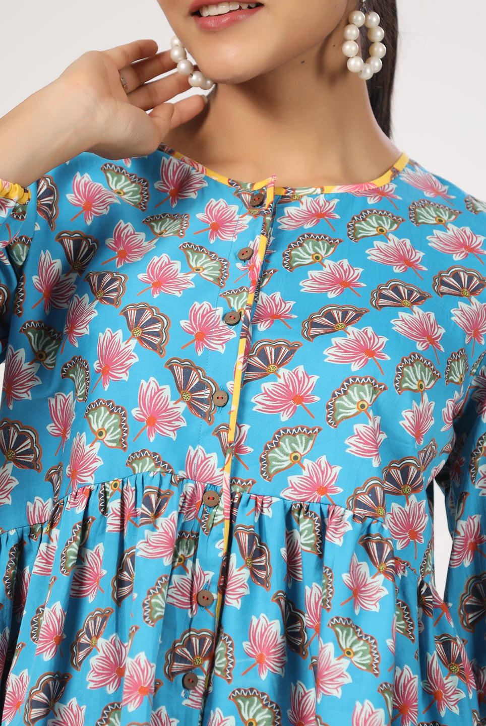 Lotus Print on Blue Cotton Satin Diagonal Top | Jaipurrang | Women's Ethnic Wear