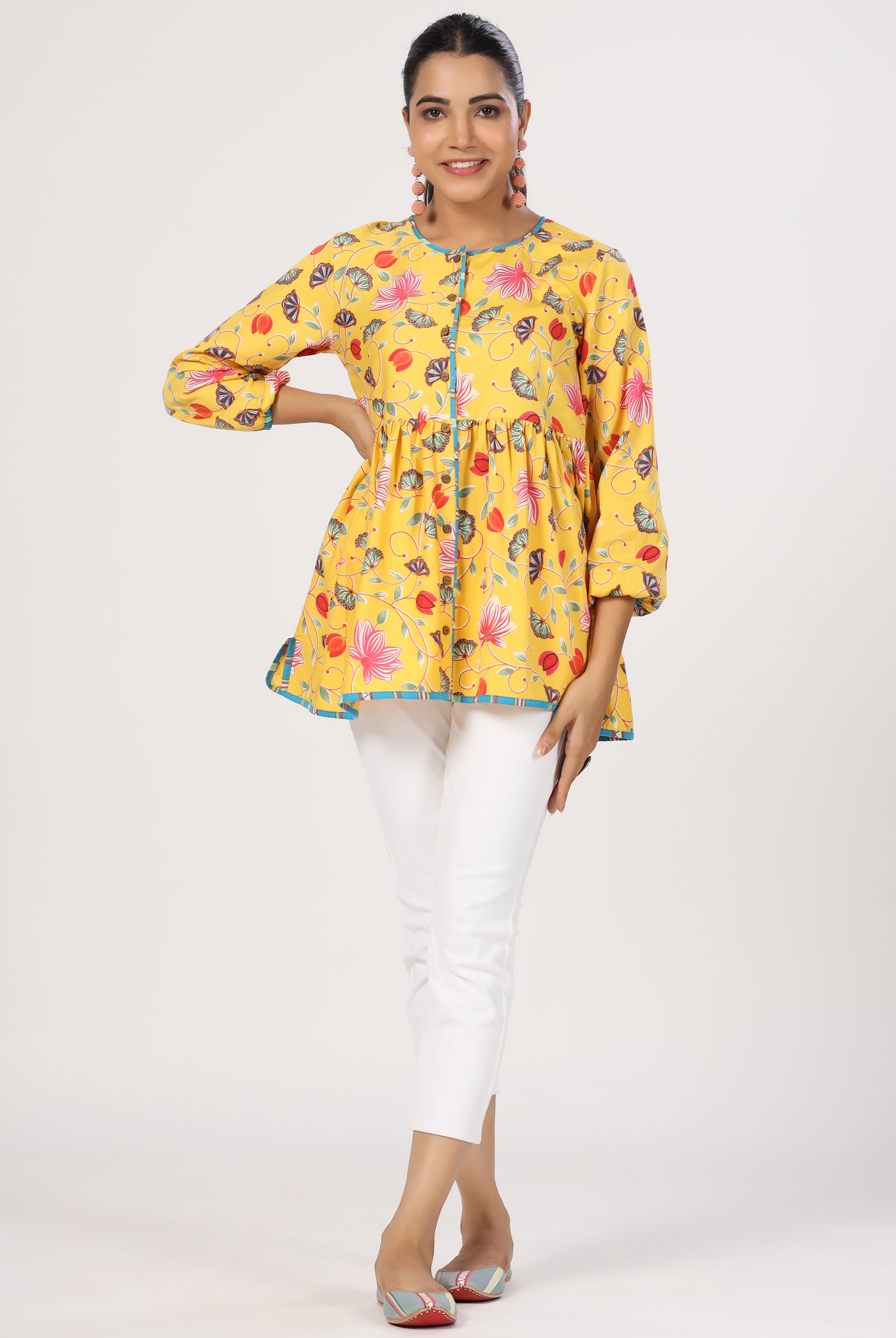 Lotus Print on Yellow Cotton Satin Diagonal Top | Jaipurrang | Women's Ethnic Wear