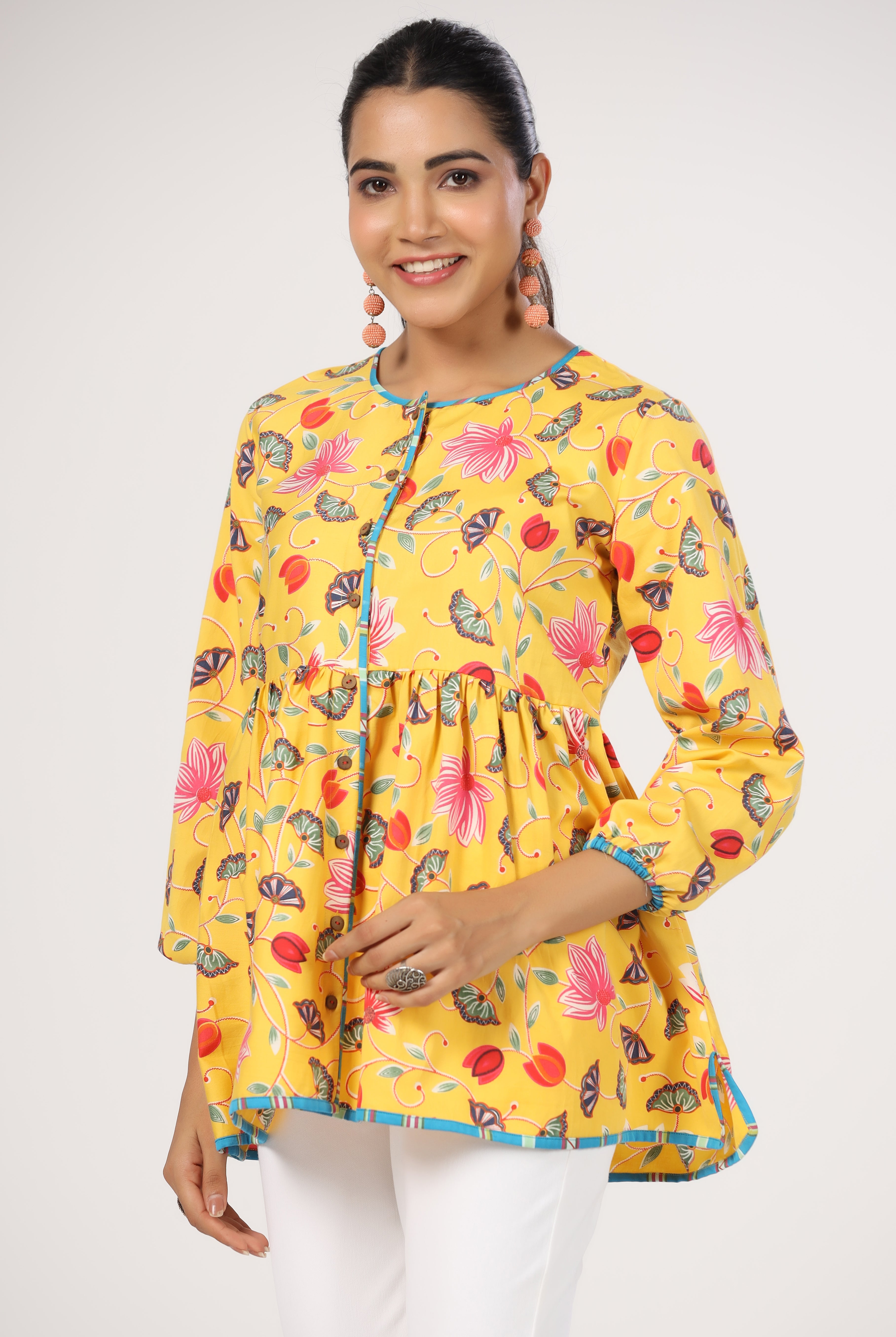 Lotus Print on Yellow Cotton Satin Diagonal Top | Jaipurrang | Women's Ethnic Wear