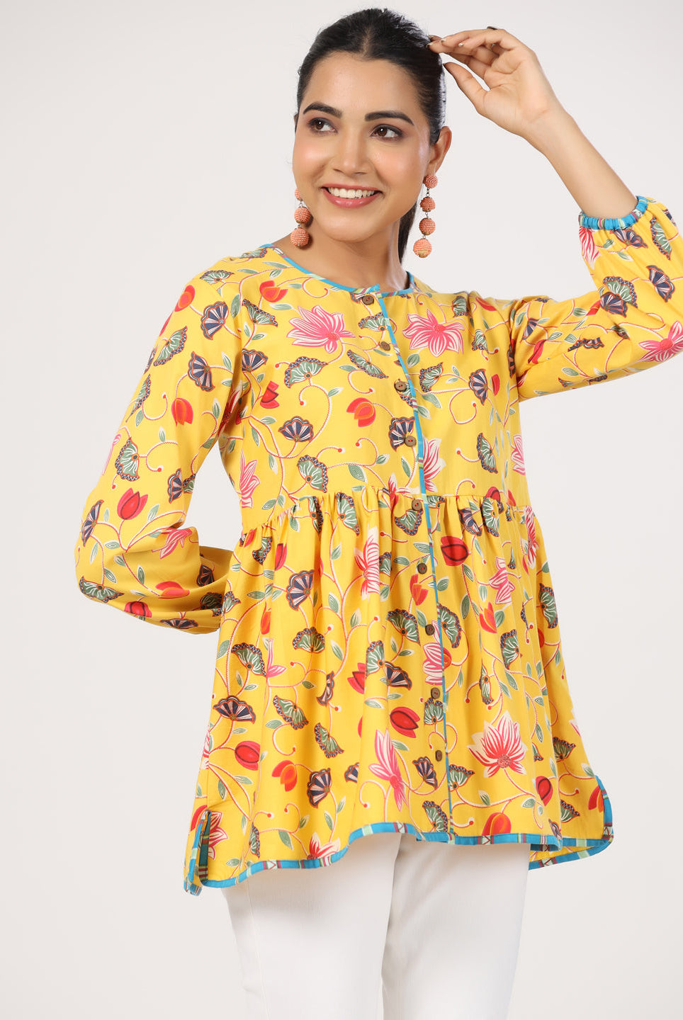 Lotus Print on Yellow Cotton Satin Diagonal Top | Jaipurrang | Women's Ethnic Wear