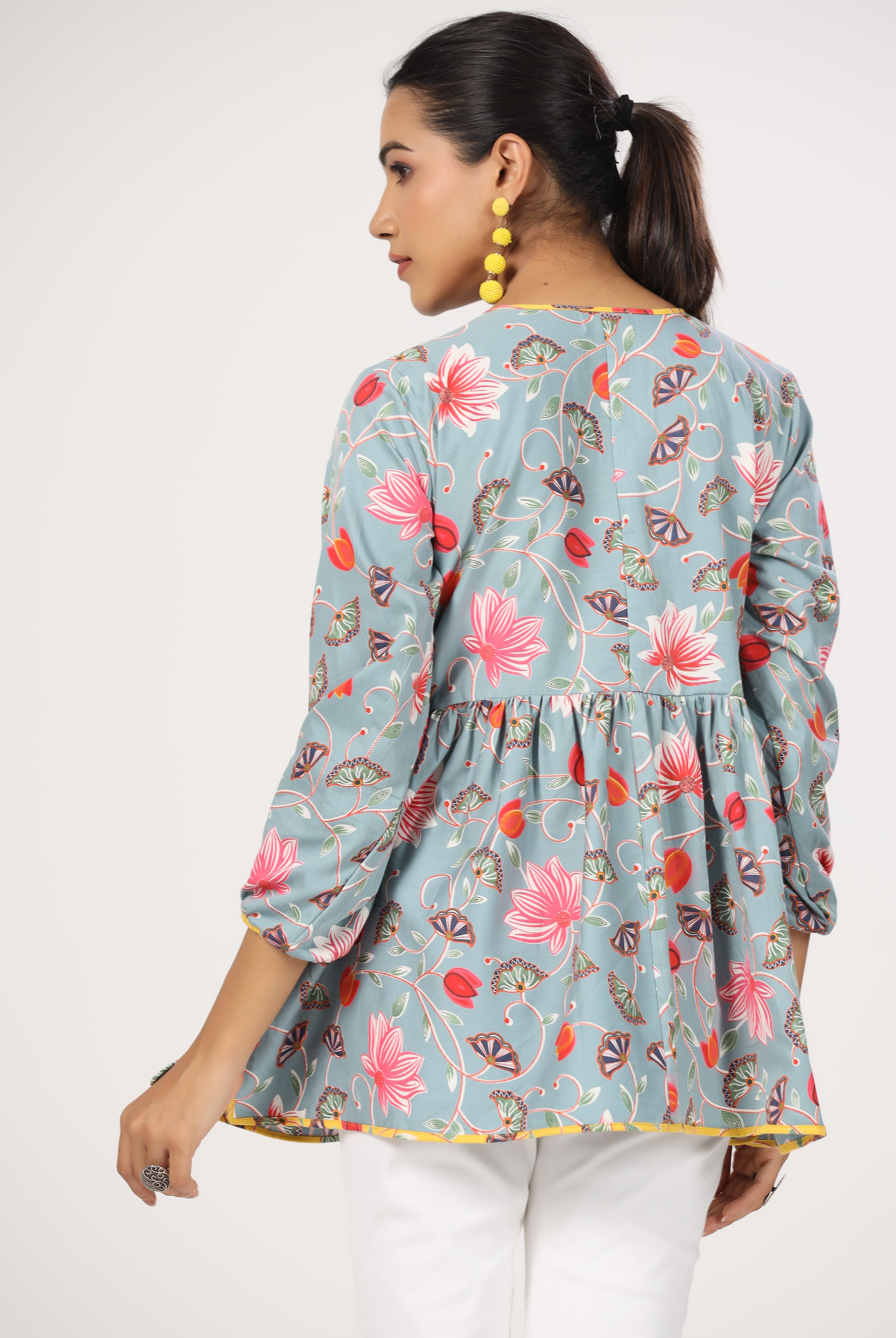 Lotus Zaal Print on Grey Cotton Satin Top | Jaipurrang | Women's Ethnic Wear