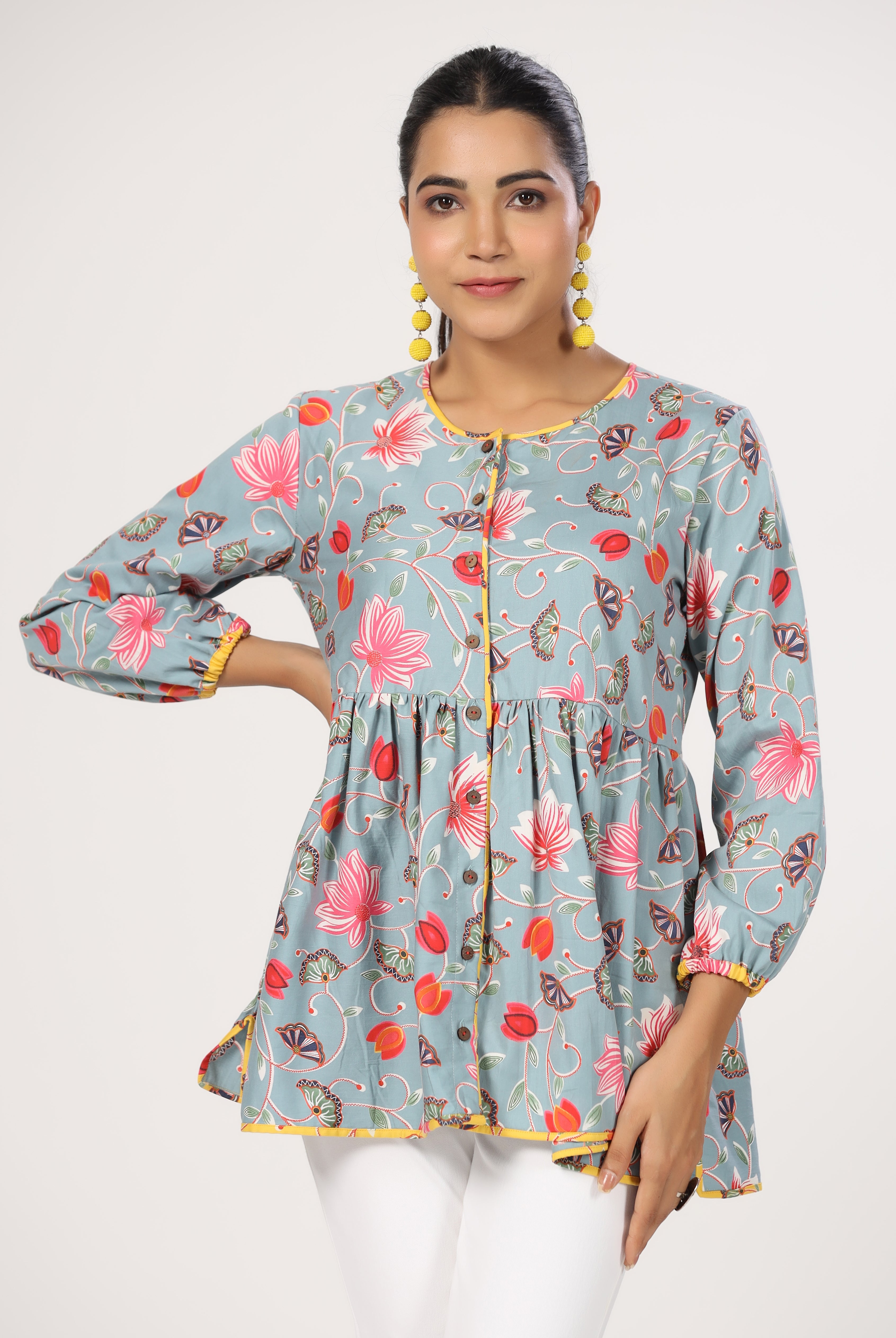 Lotus Zaal Print on Grey Cotton Satin Top | Jaipurrang | Women's Ethnic Wear