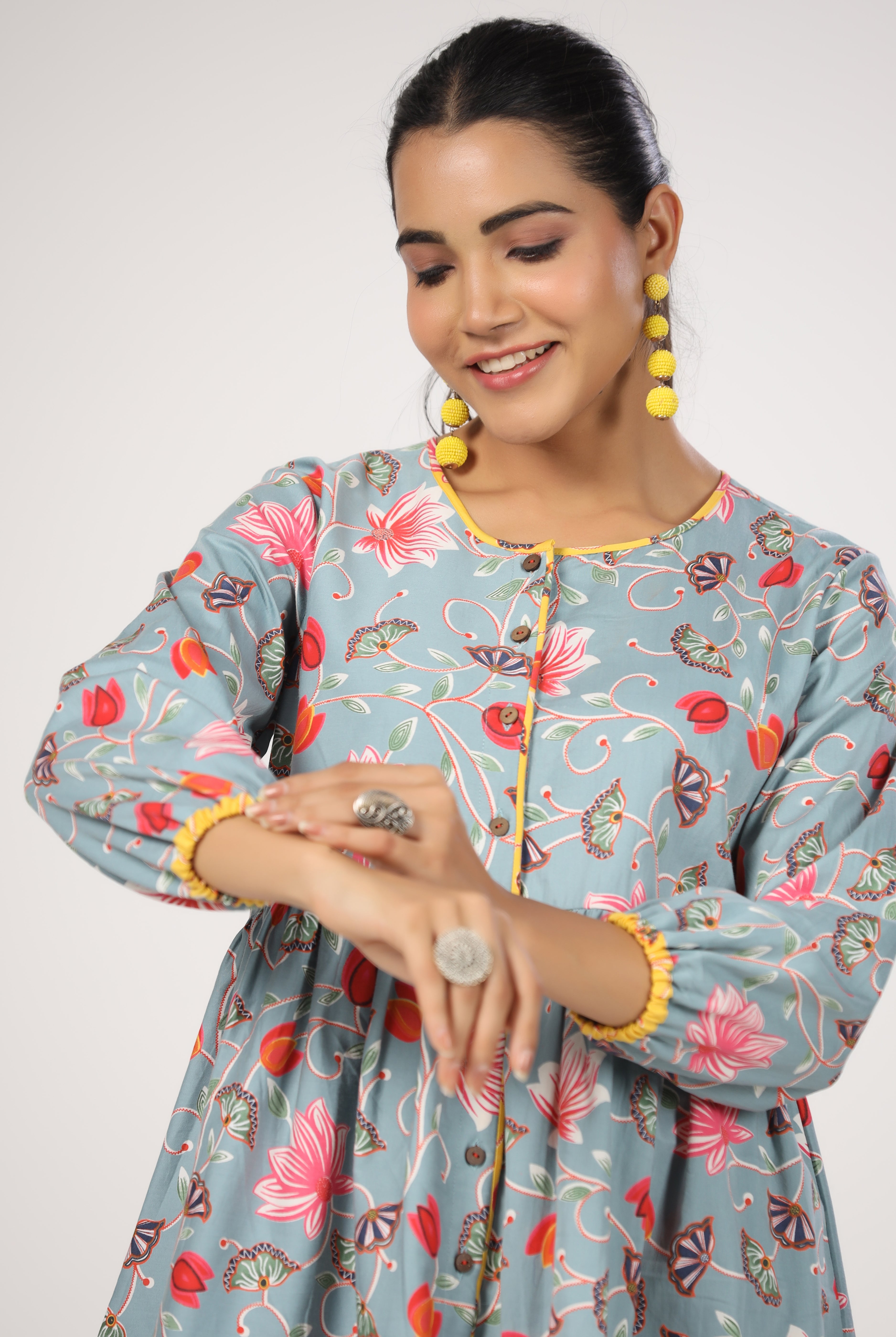 Lotus Zaal Print on Grey Cotton Satin Top | Jaipurrang | Women's Ethnic Wear