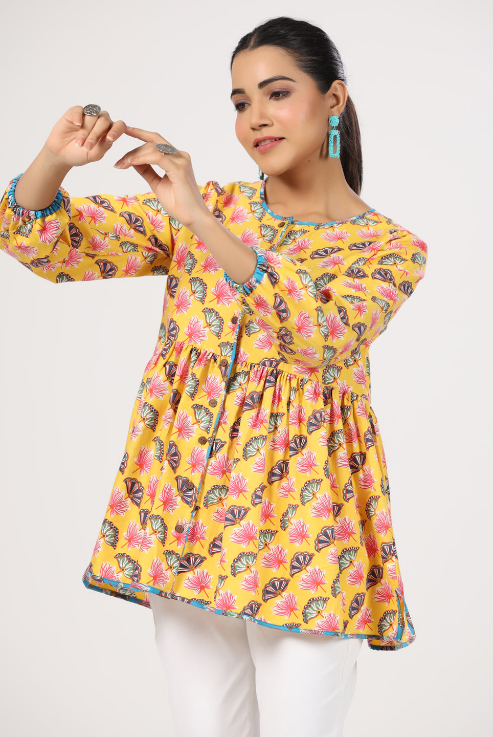 Lotus Zaal Print on Yellow Cotton Satin Top | Jaipurrang | Women's Ethnic Wear