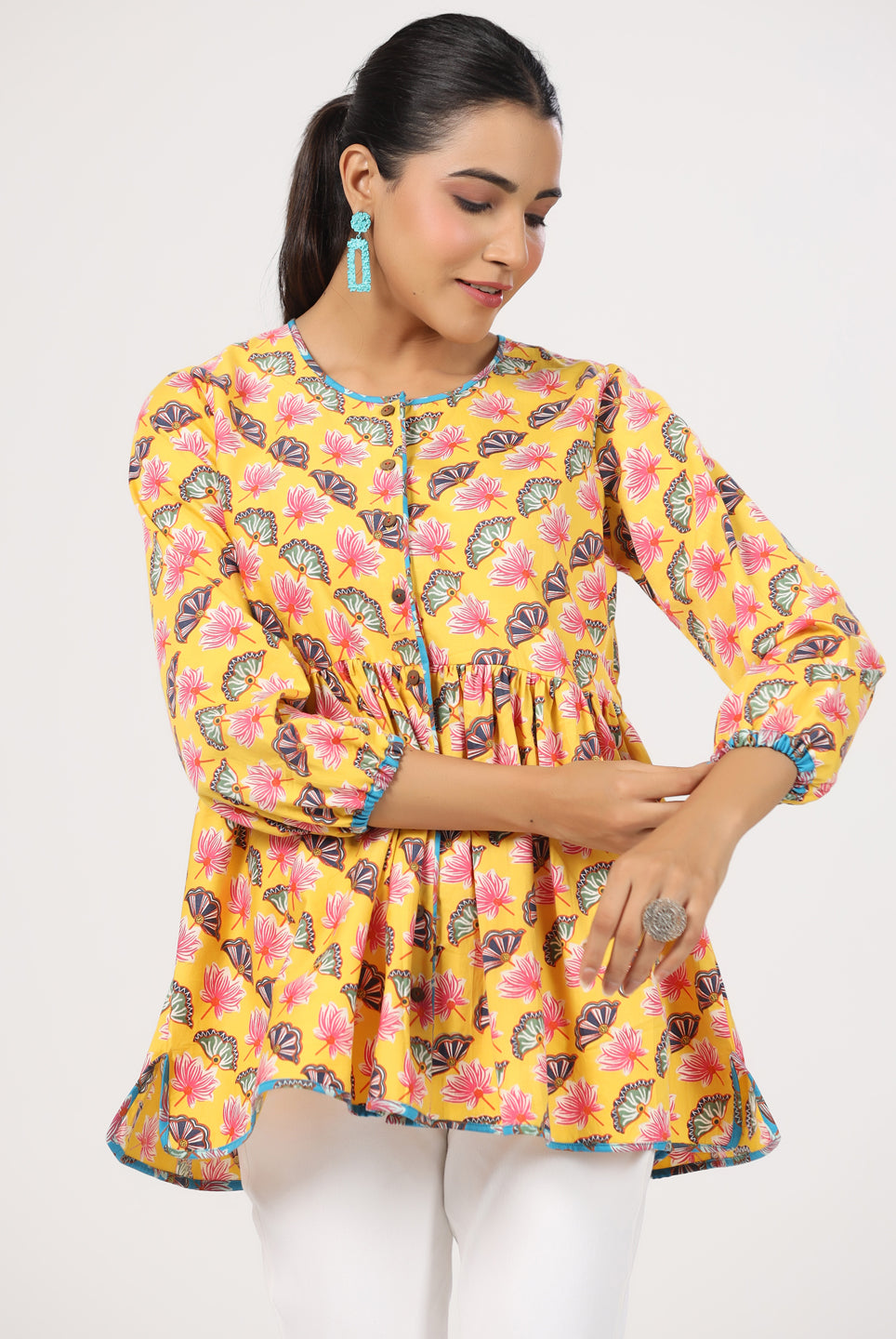 Lotus Zaal Print on Yellow Cotton Satin Top | Jaipurrang | Women's Ethnic Wear