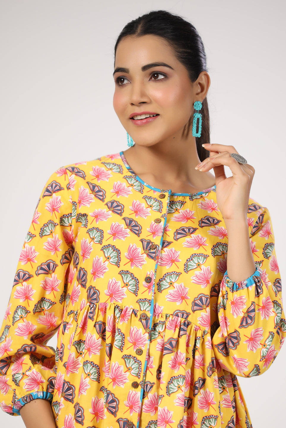 Lotus Zaal Print on Yellow Cotton Satin Top | Jaipurrang | Women's Ethnic Wear