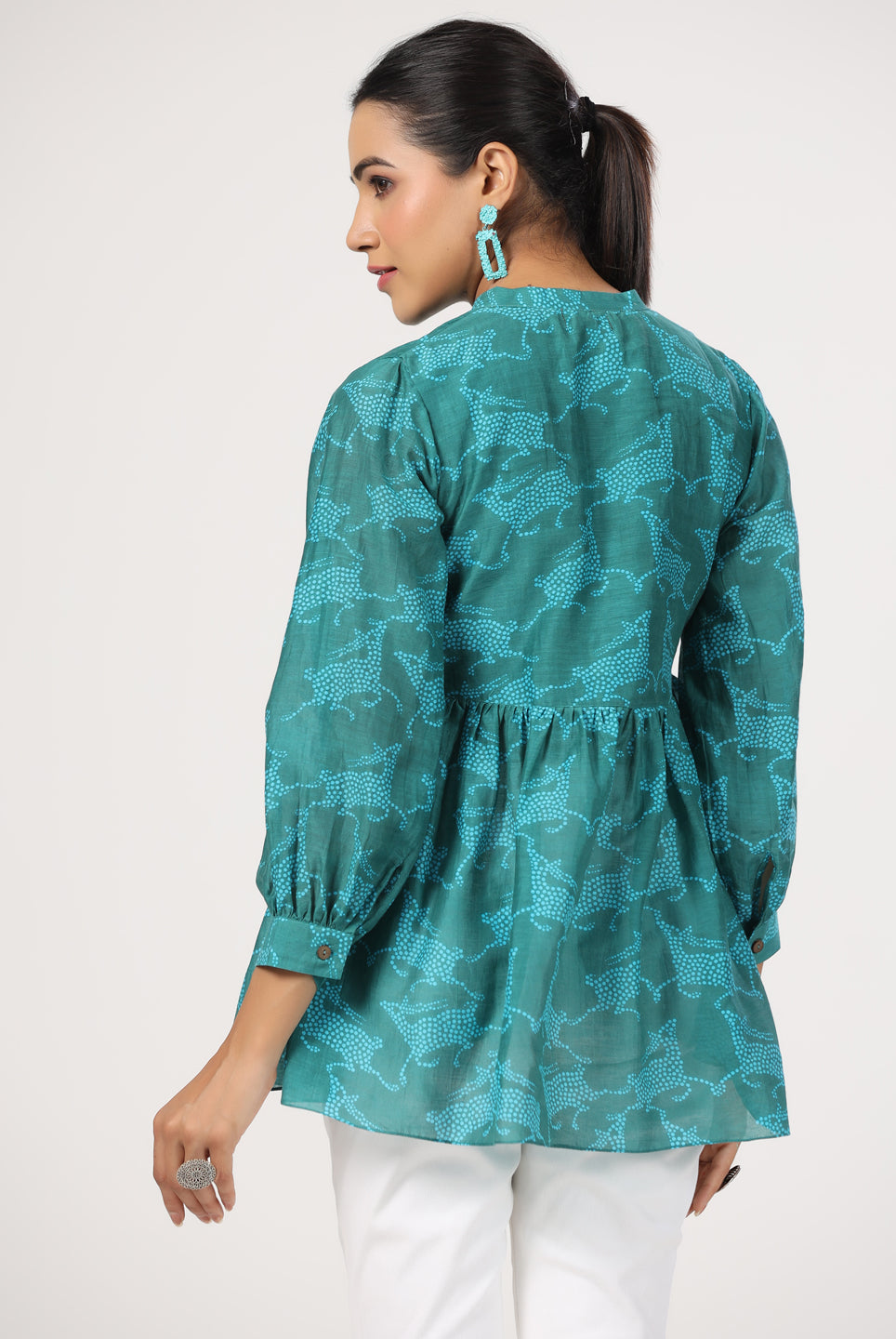 Dancing Deer Print on Teal Cotton Silk Top | Jaipurrang | Women's Ethnic Wear