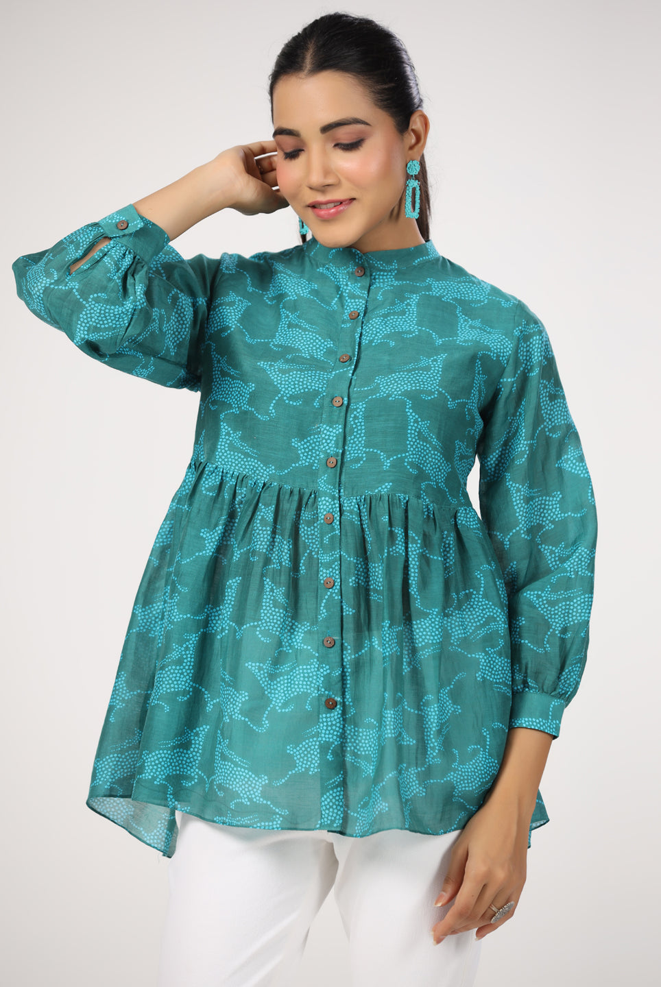 Dancing Deer Print on Teal Cotton Silk Top | Jaipurrang | Women's Ethnic Wear